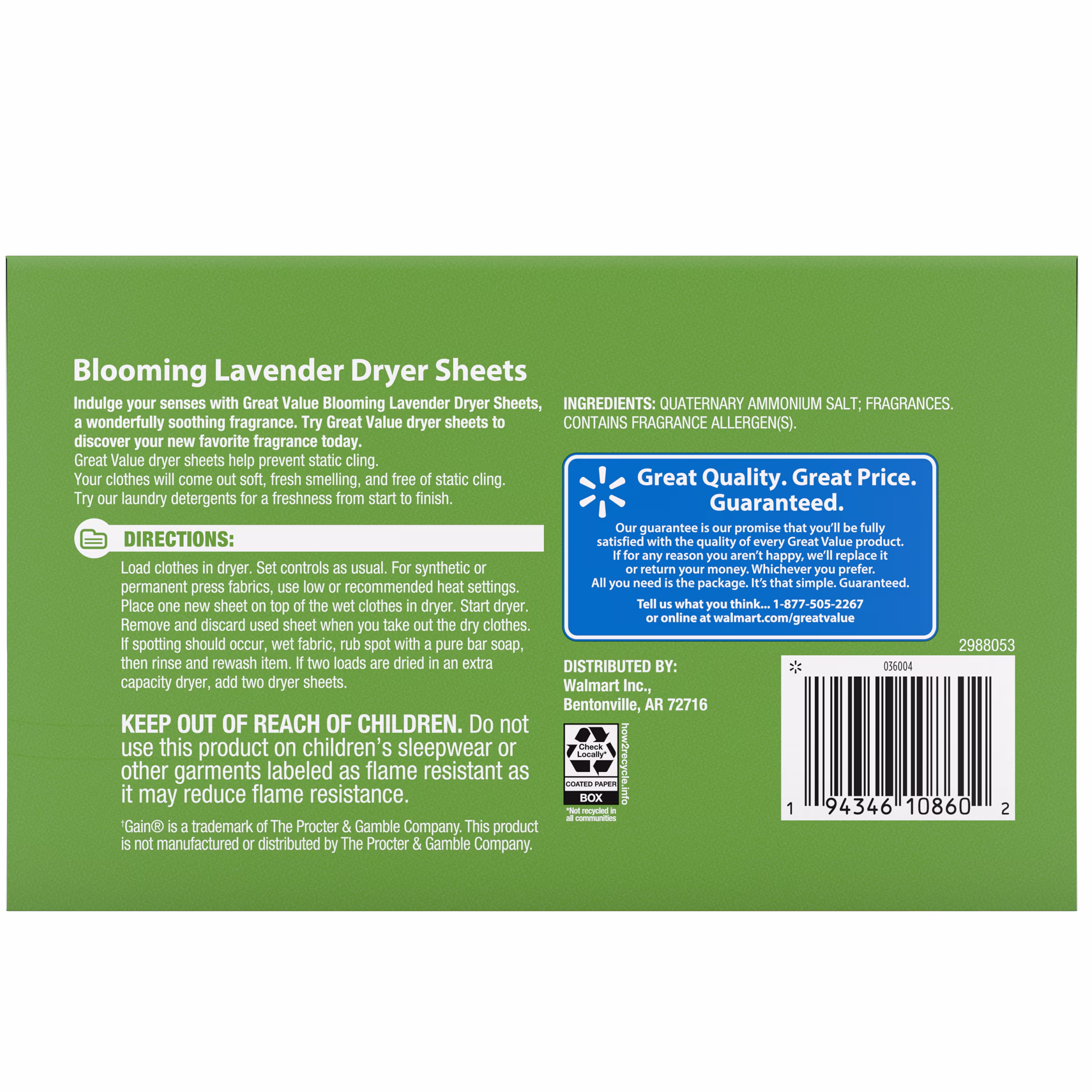 Great Value Ultimate Fresh Dryer Sheets, Blooming Lavender, 180 Count, Compare to Gain®
