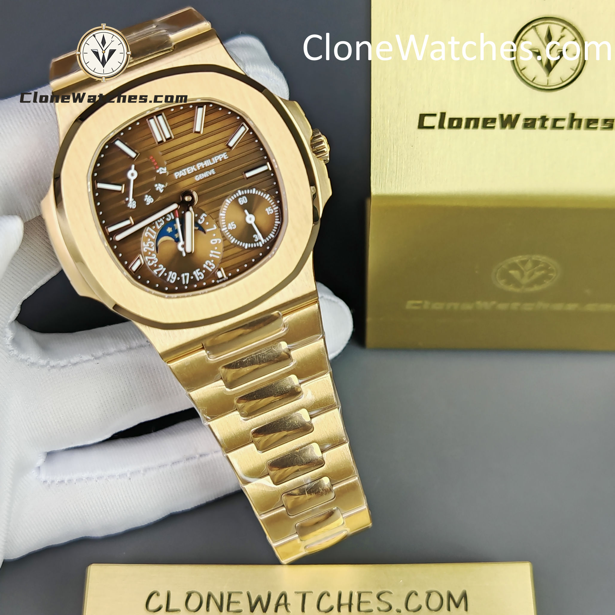 Patek Philippe Super Clone Watches 1:1 Nautilus Moon Phase 18K Rose Gold 5712 Brown Dial New Buckle
