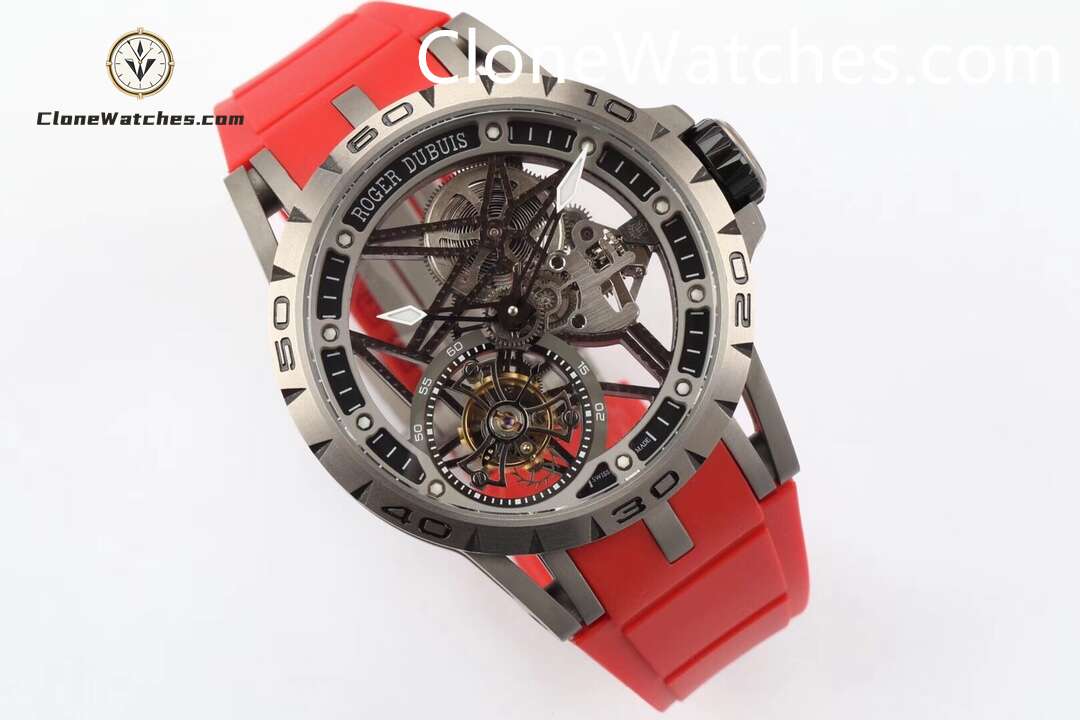 Roger Dubuis Super Clone Watches 1:1 Excalibur Skeleton Tourbillon RDDBEX0479 45MM Red Strap