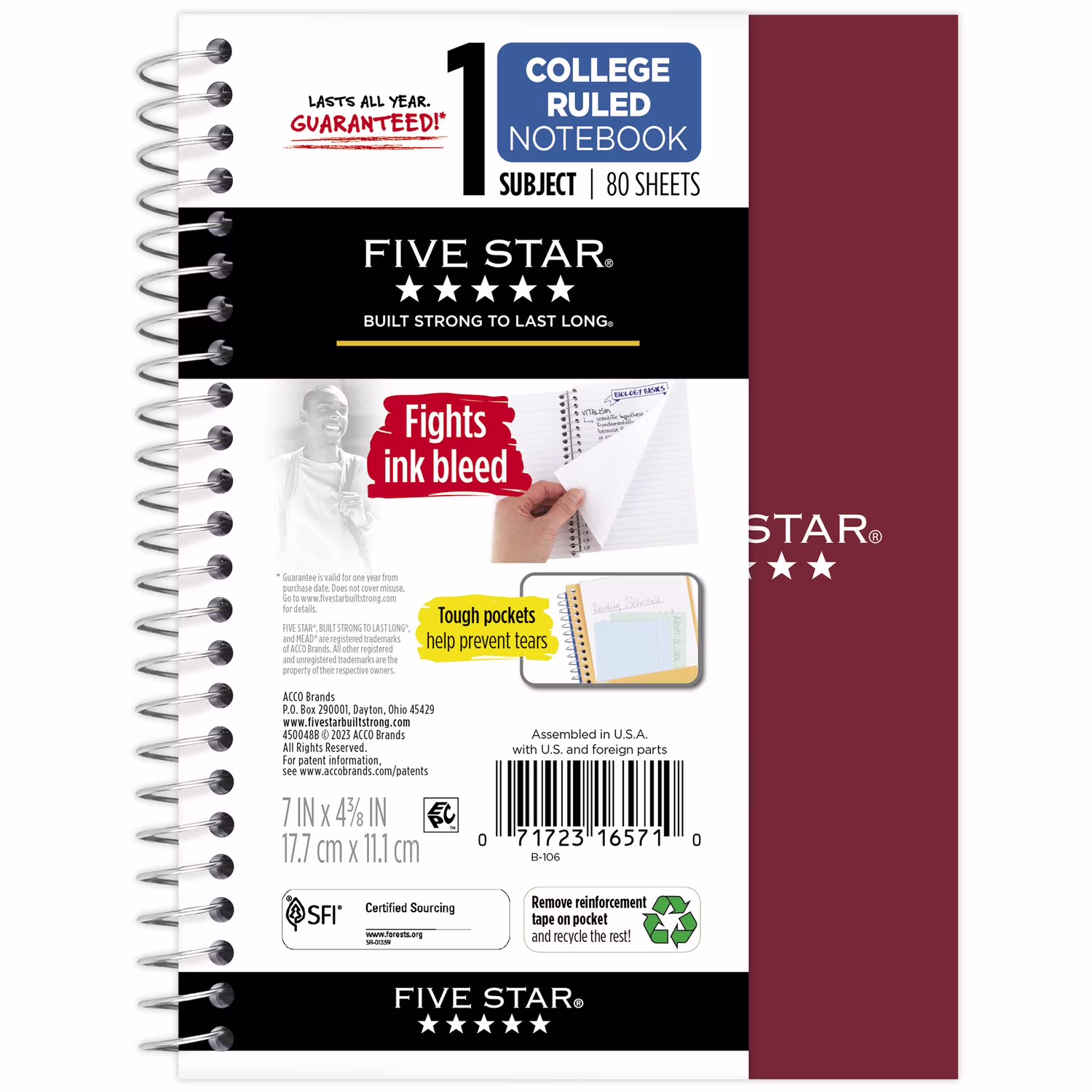 Five Star Personal College Ruled Notebook, 4.5" x 7", Burgundy Red, Poly, Spiral, 80 Sheets