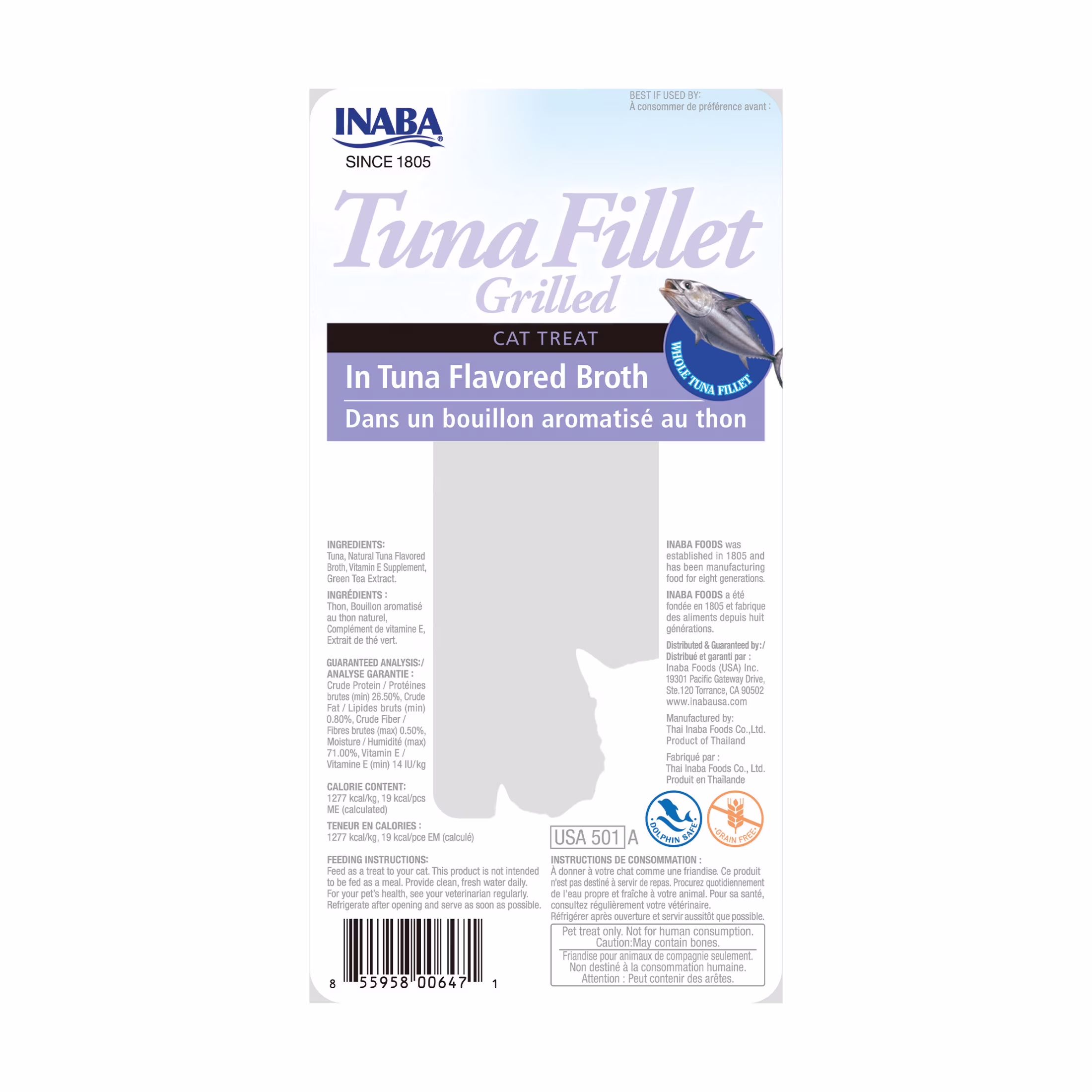 INABA Premium Hand-Cut Grilled Tuna Fillet Cat Treats w Vitamin E, 0.52 oz, 6-Pack, Tuna Broth