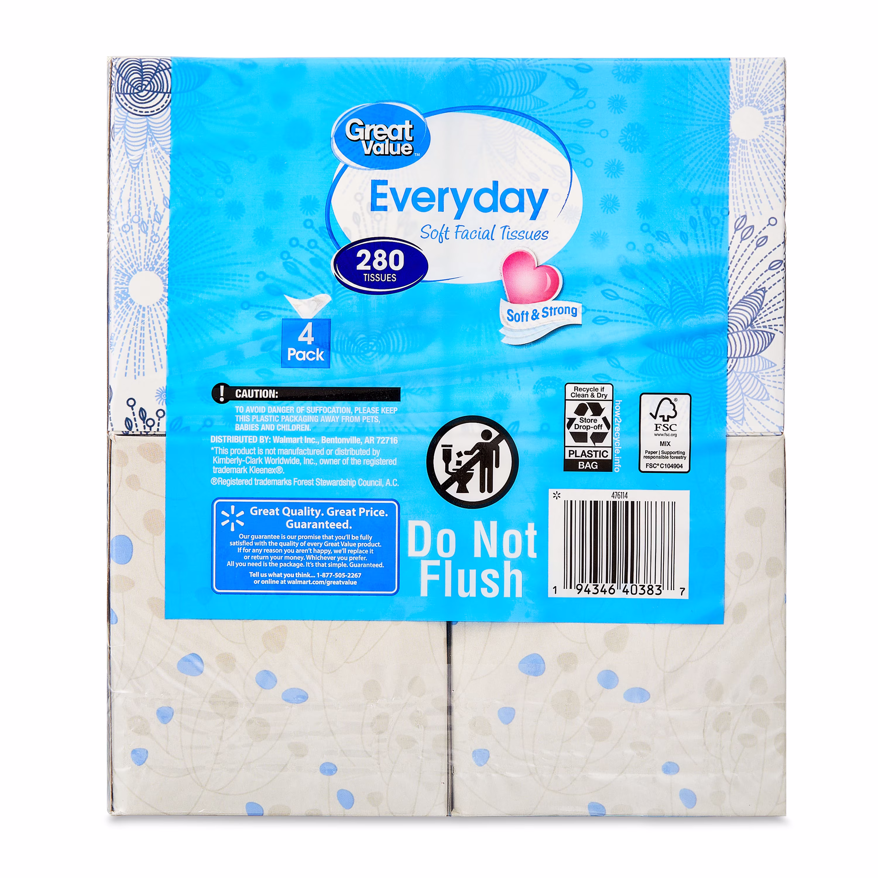 Great Value Everyday Soft Facial Tissues, 4 Cubes, 70 Tissues per Cube, 2-Ply