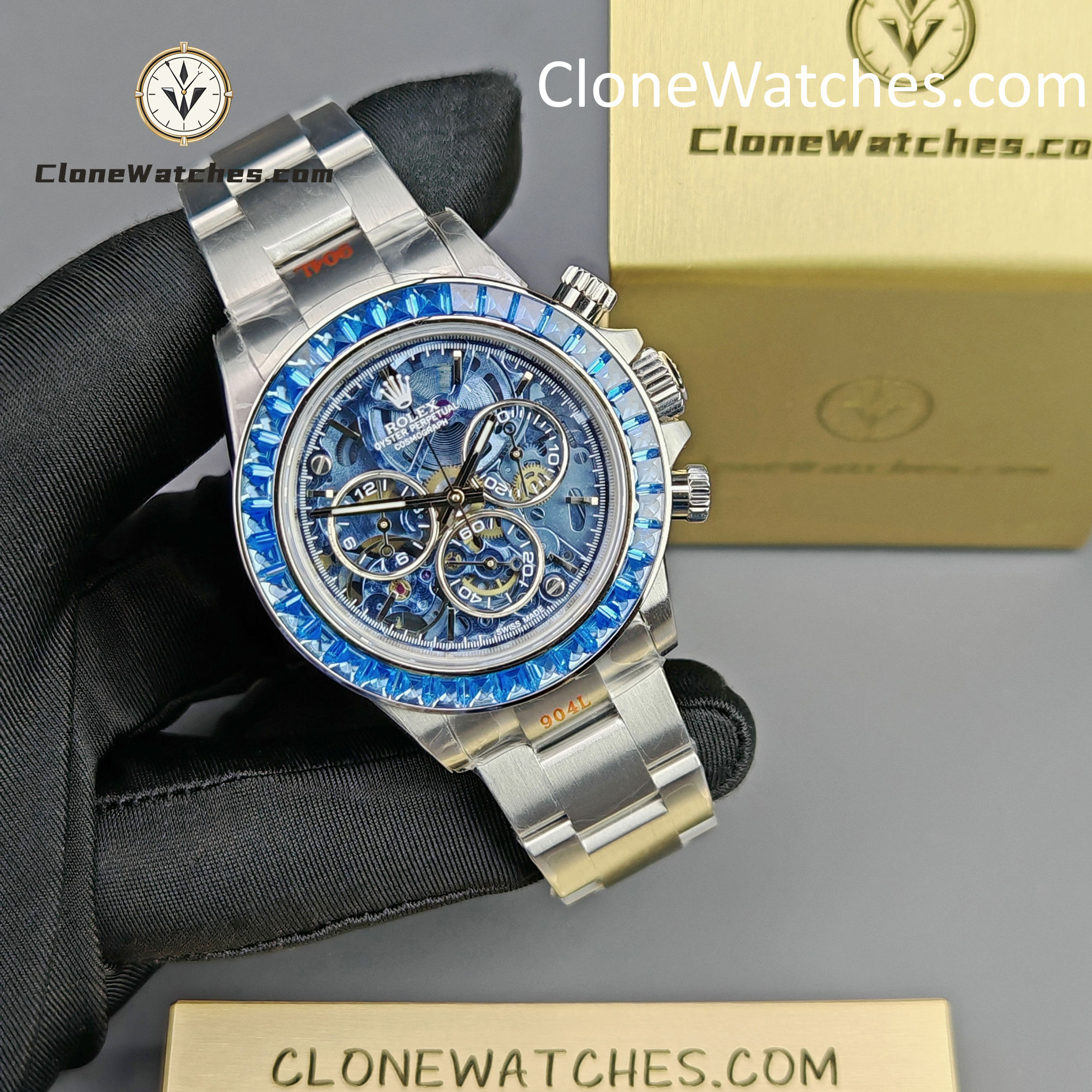 Rolex Super Clone Watches 1:1 Daytona Arolla Blue Crystal Skeleton Dial Diamonds Bezel 4130 Movement