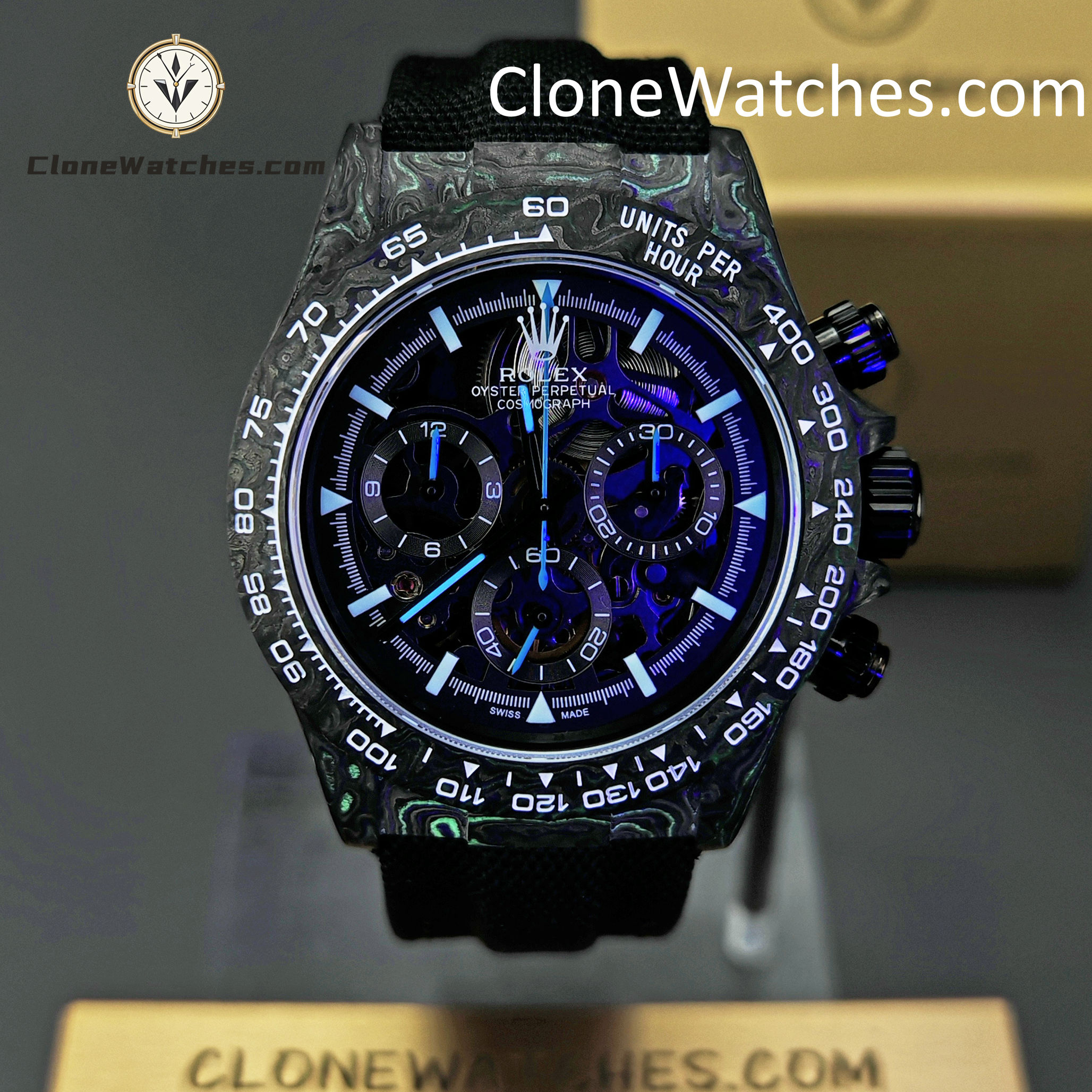 Rolex Super Clone Watches 1:1 Skeleton Daytona Carbon NTPT DIW 4130 Movement