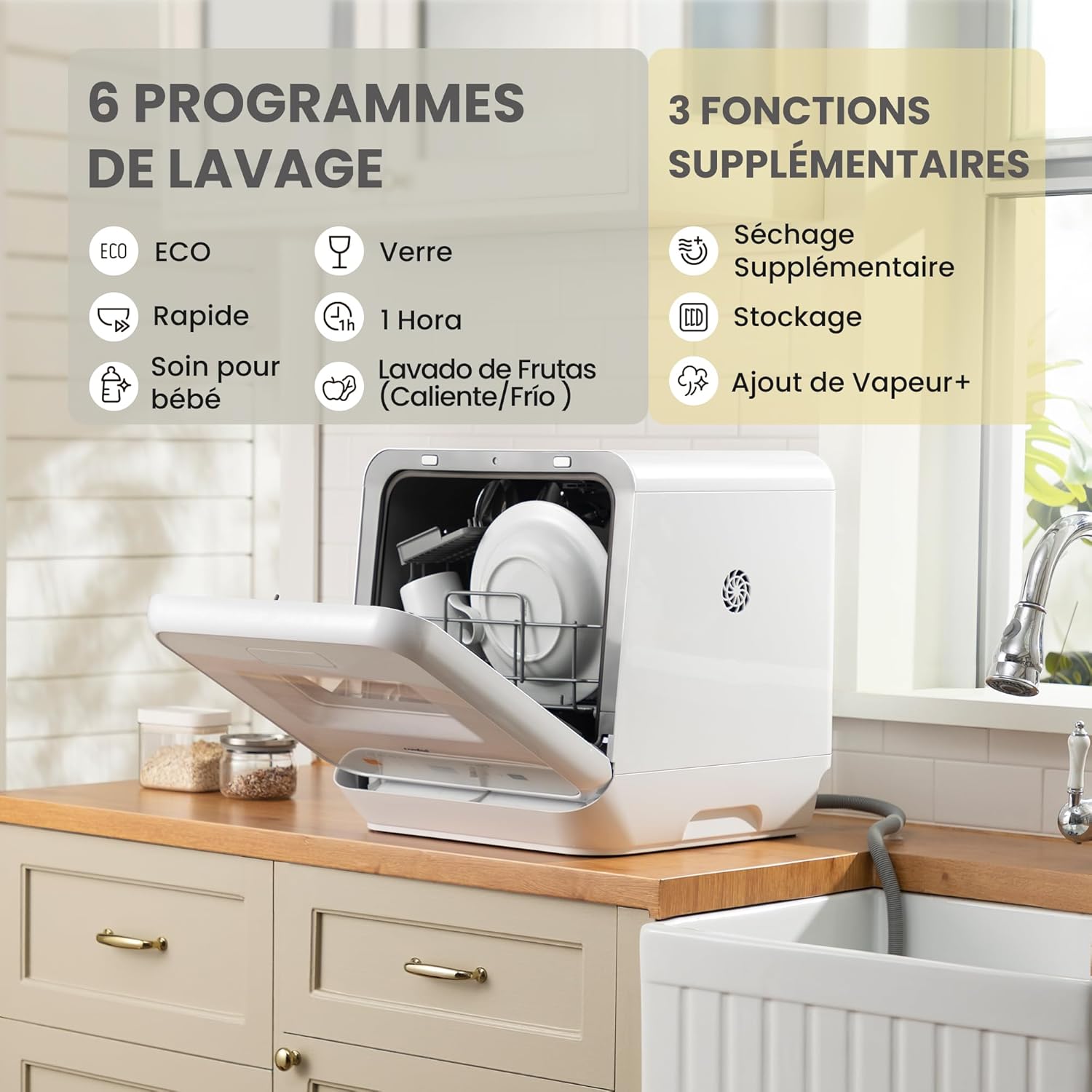 Lave vaisselle comptoir mini 6 programmes vapeur bébé fruits sans plomberie départ différé stockage 72 h blanc
