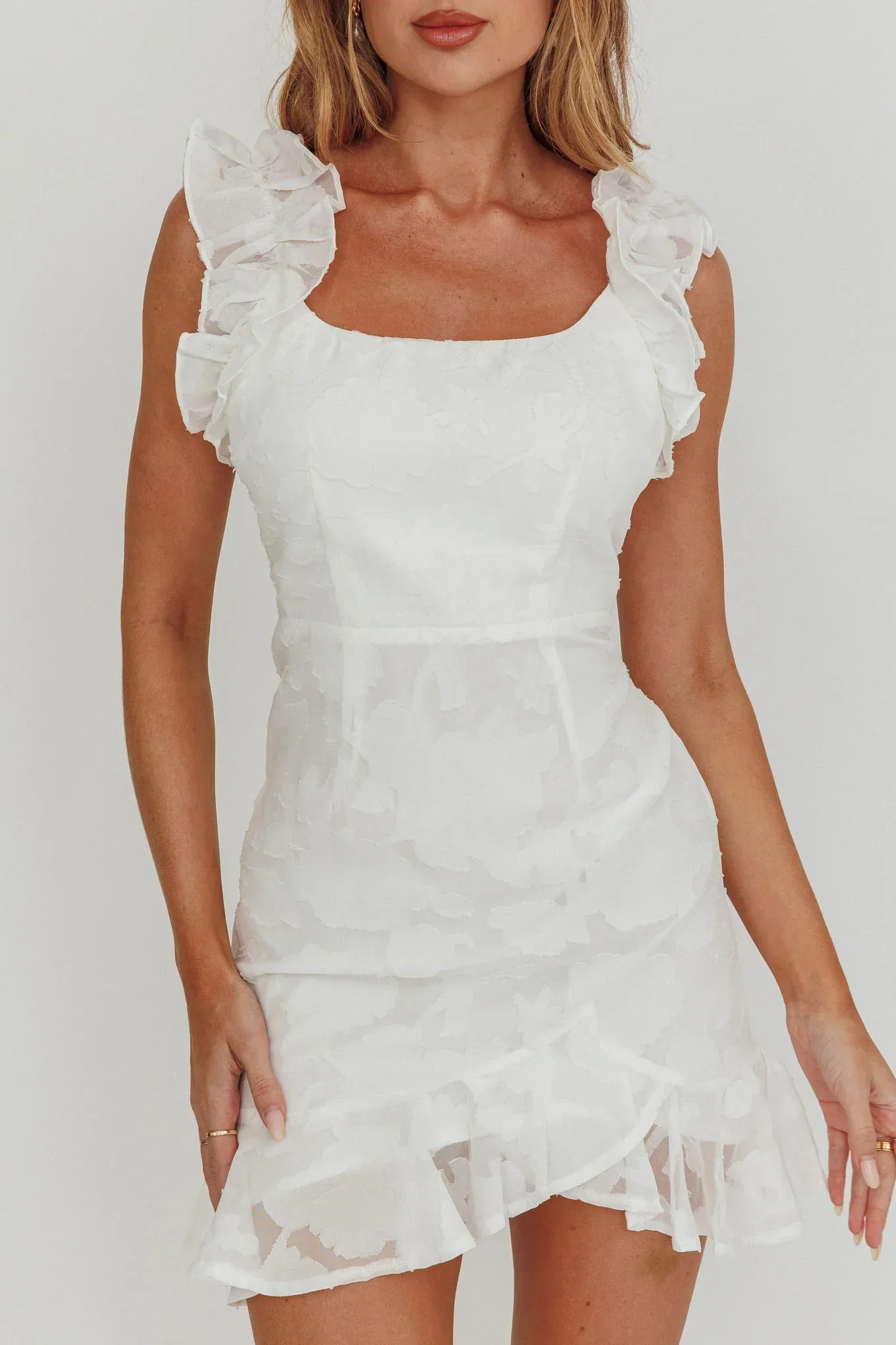 Annie Ruffle Shoulder Mini Dress White