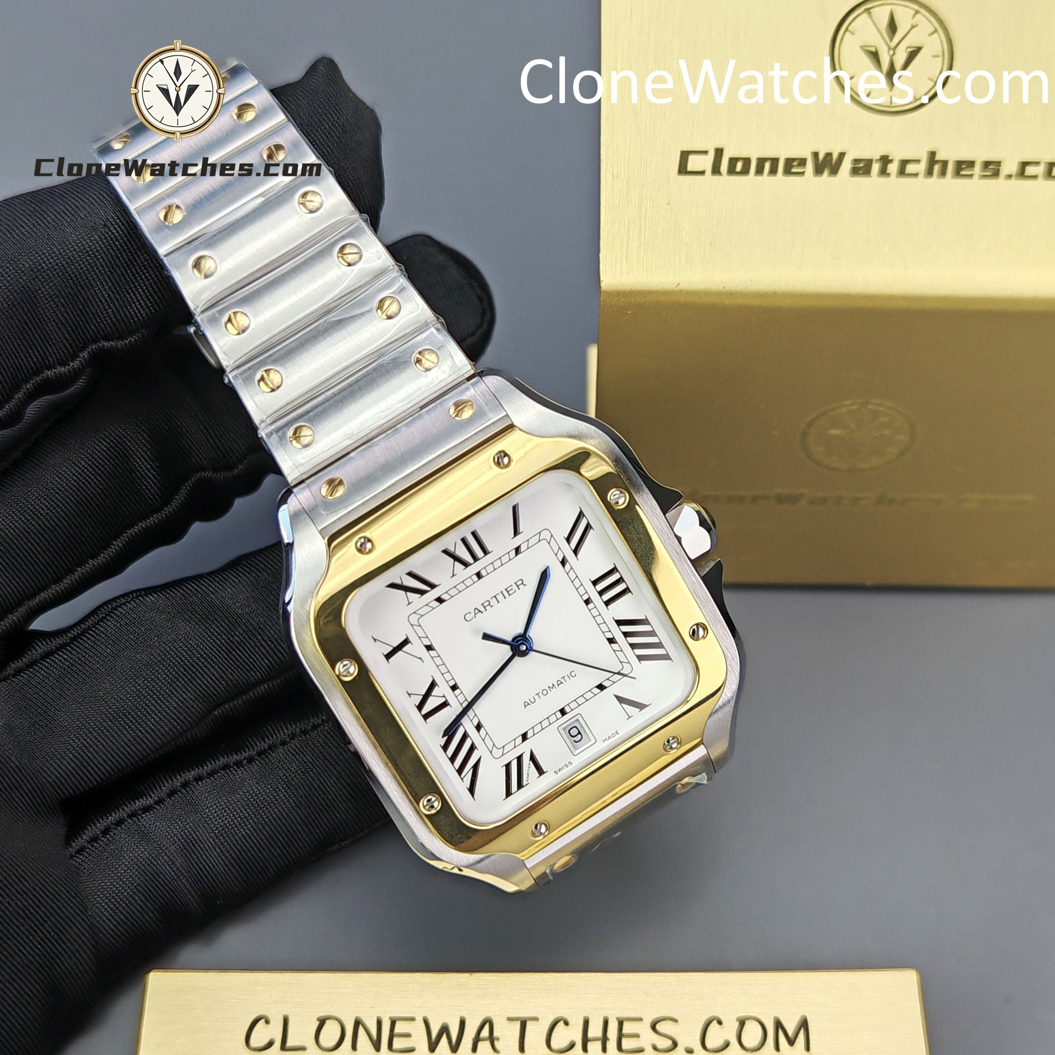 Cartier Super Clone Watches 1:1 Santos Series White Dial 18K gold plated 39.8MM W2SA0009 Steel Strap