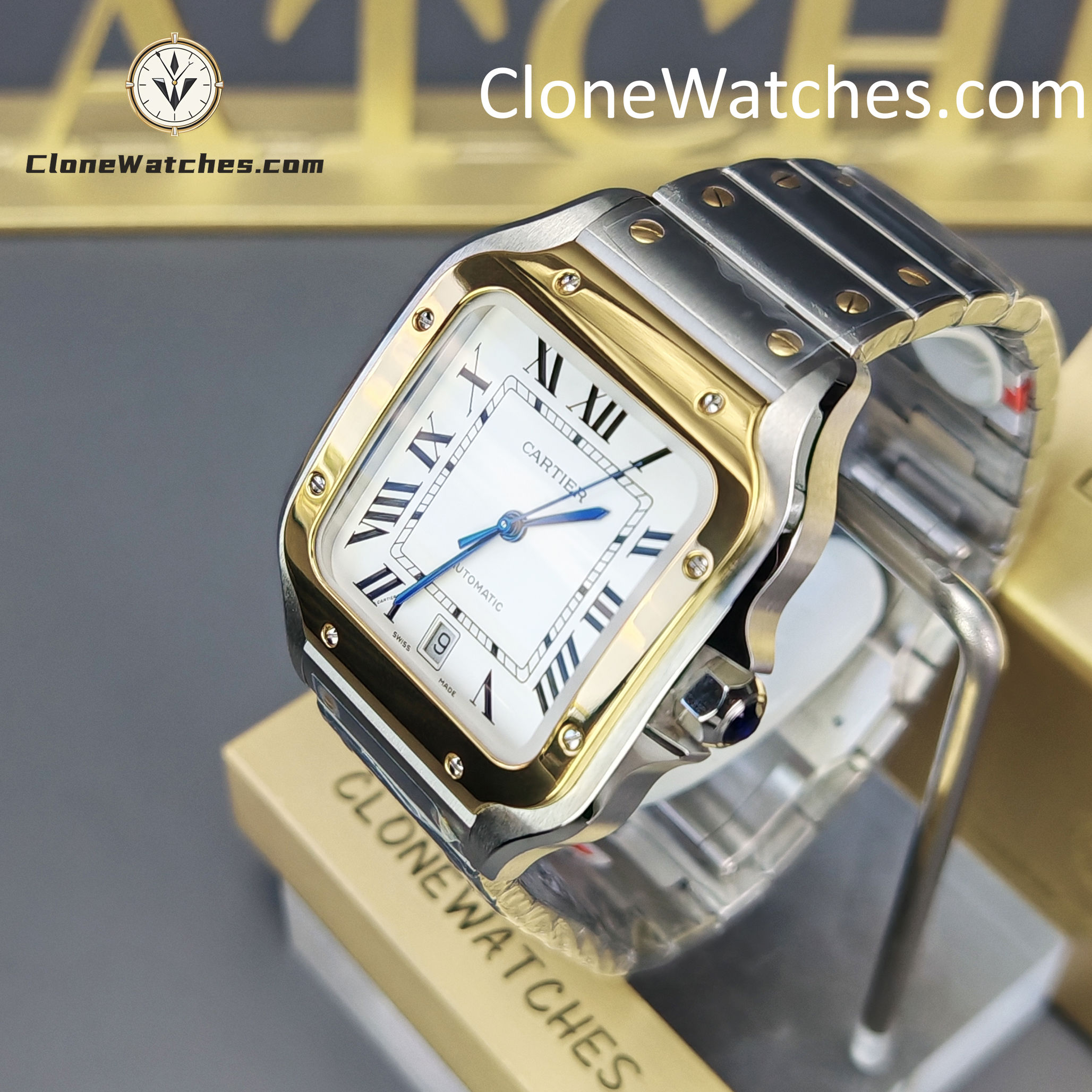 Cartier Super Clone Watches 1:1 Santos Series White Dial 18K gold plated 39.8MM W2SA0009 Steel Strap