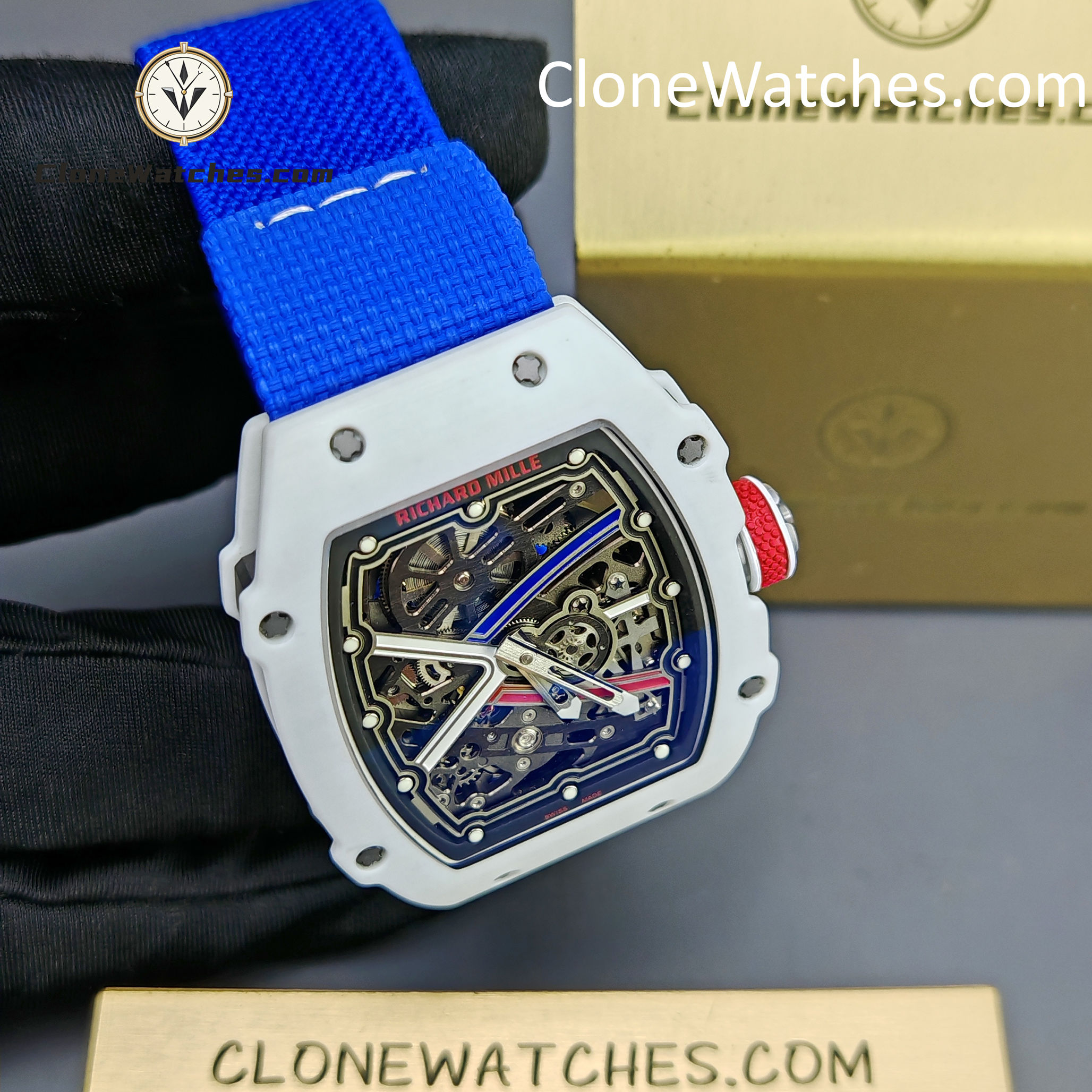 Richard Mille Super Clone Watches 1:1 RM 67 – 02 White Carbon Tourbillon Blue Strap