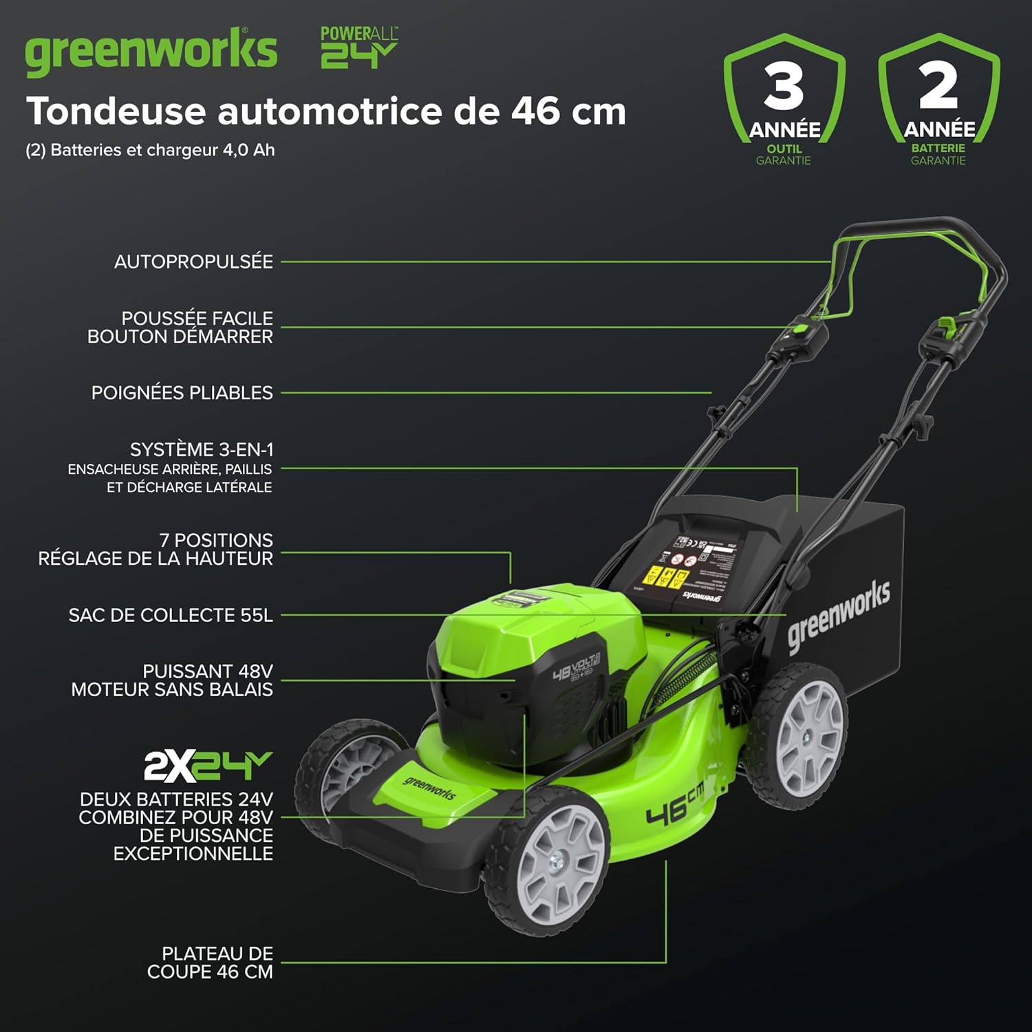Tondeuse gazon sans fil 48 V 46 cm sac 55 L avec batteries et chargeur