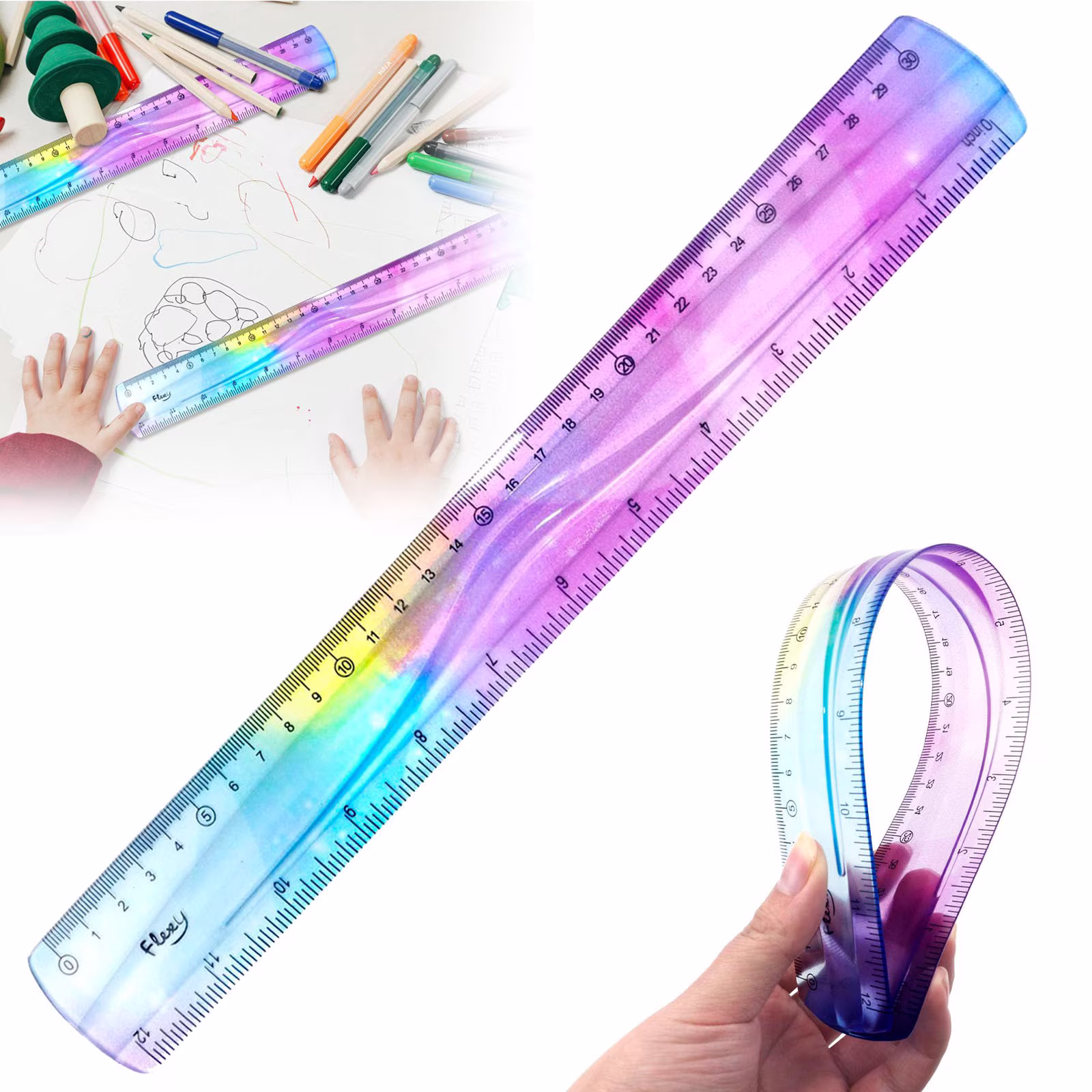 Flexible Ruler, Bendable Measuring Ruler With Dual Scale Inches & Centimeters,Unbreakable Foldable Ruler With No Crease Design For Drawing,Soft Rubber Ruler For Office Supplies,Classroom Must Haves,