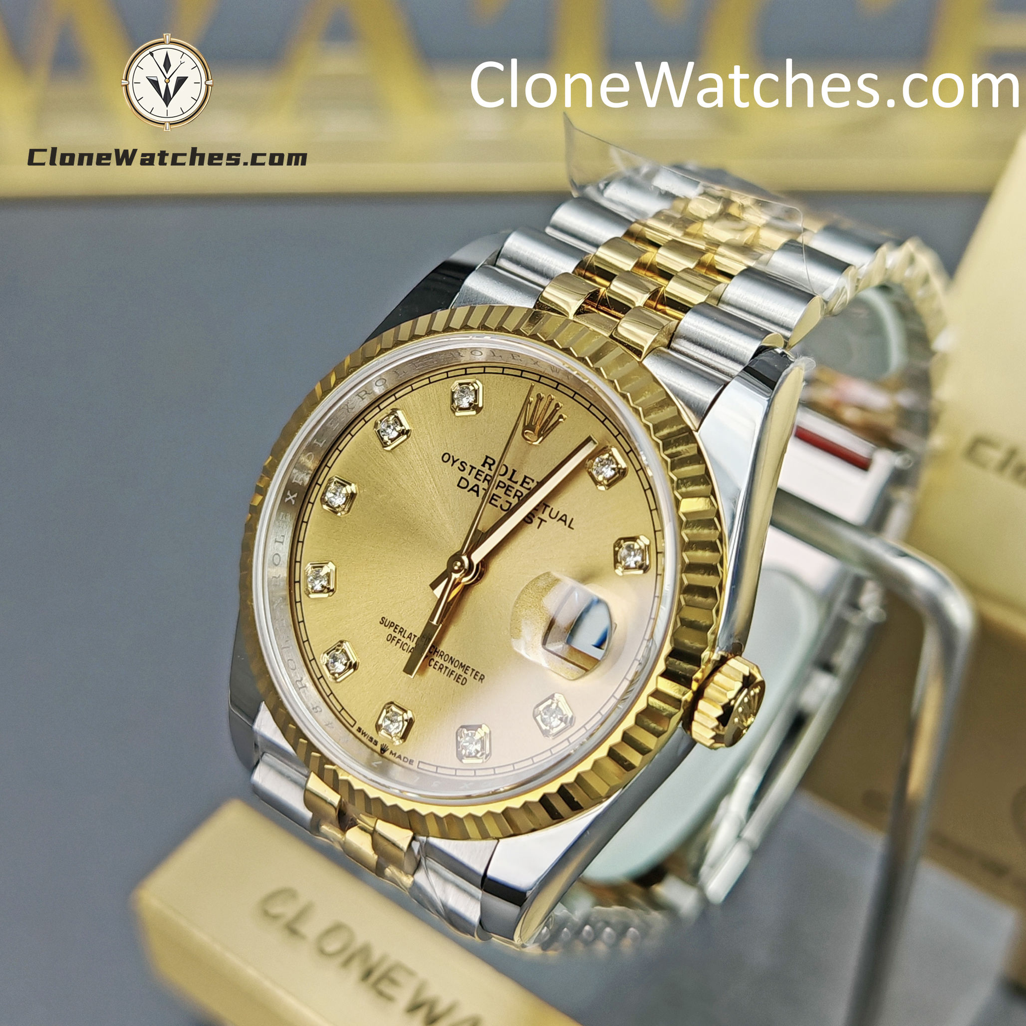 Rolex Super Clone Watches 1:1 DateJust Gold Diamond Dial m126233-0017 Jubilee 36MM 3235 Movement