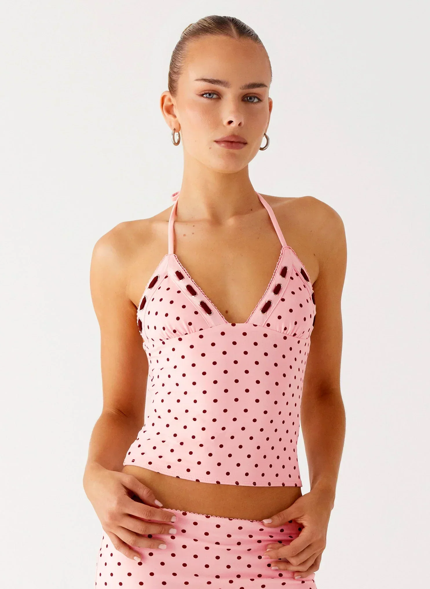 Bahama Eyelet Lace Up Top - Strawberry Dot