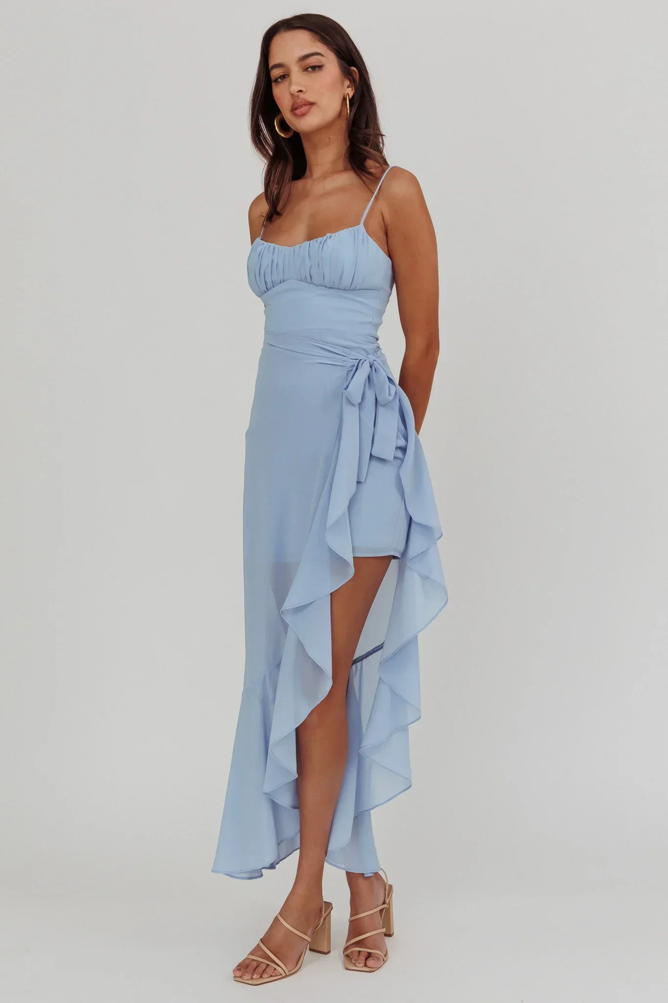 Nerida Waist Tie Asymmetric Dress Steel Blue