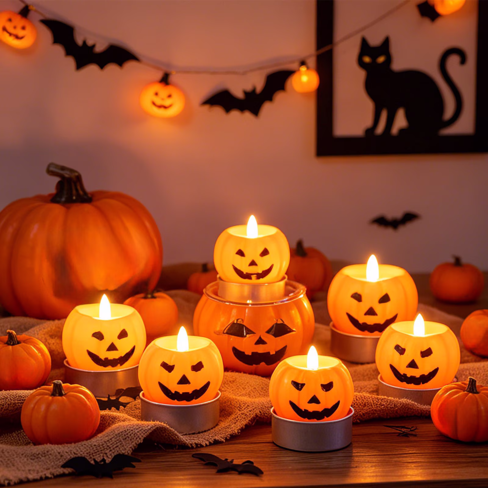BingTong Halloween Candle Set – 3-Pack Spooky Scented Tea Light Candles, Paraffin Wax with Aluminum Base for Party Decor (Orange)