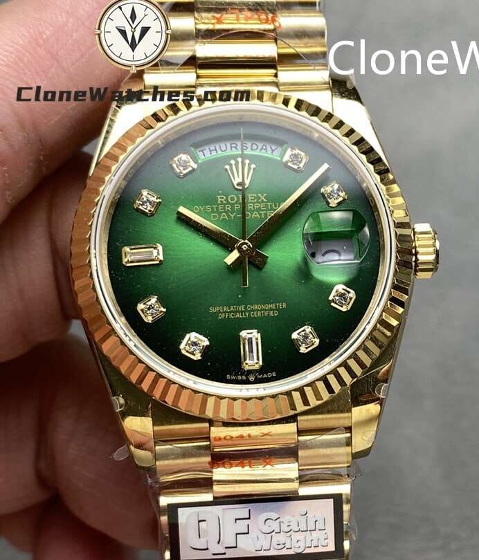 Rolex Super Clone Watches 1:1 Day Date 18K Gold Gradient Green Diamond Dial 36mm m128238-0069 3255 Movement
