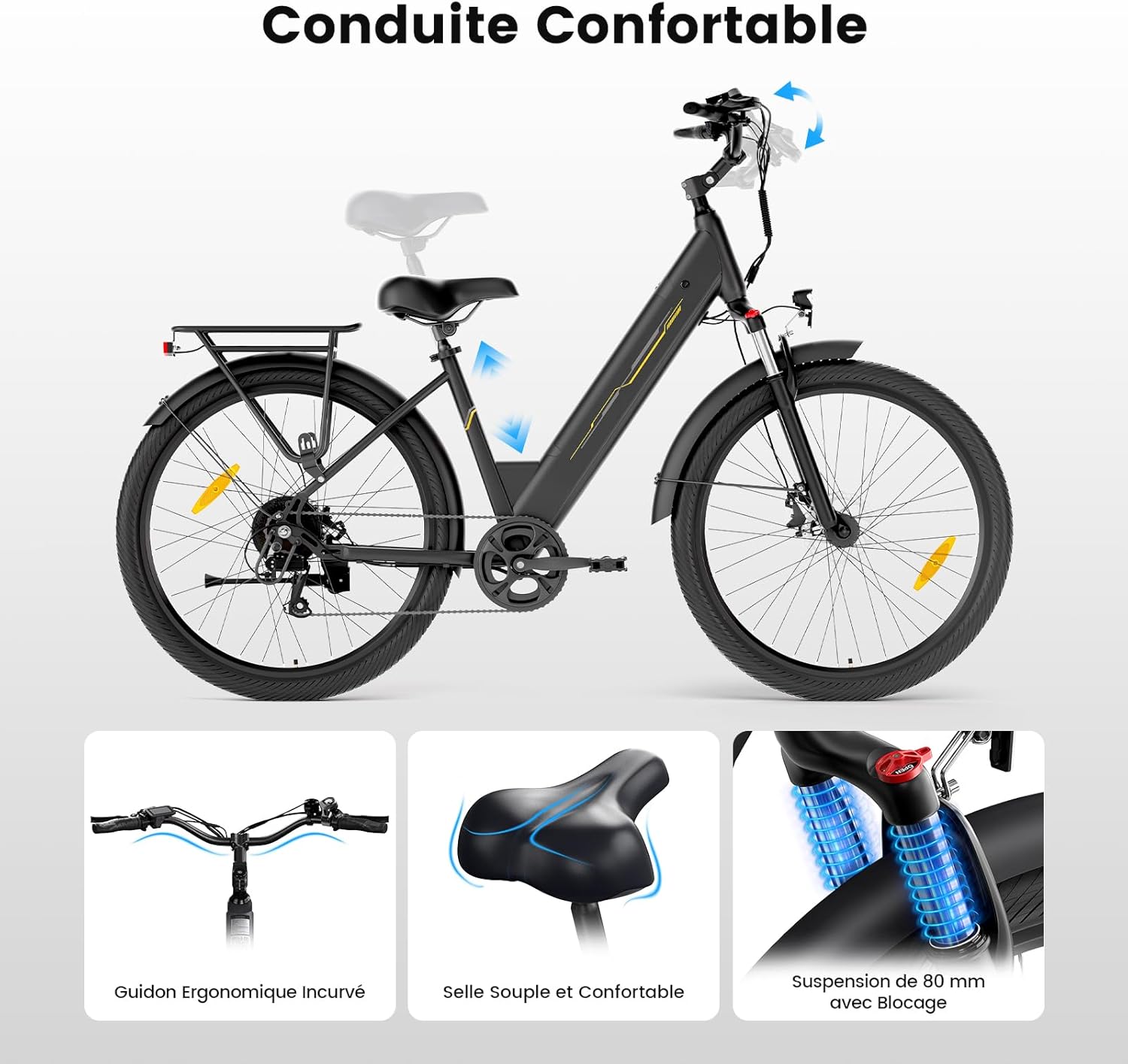 Vélo électrique 27,5 pouces moteur 250 W batterie 36 V 15,6 Ah autonomie 100 km 7 vitesses