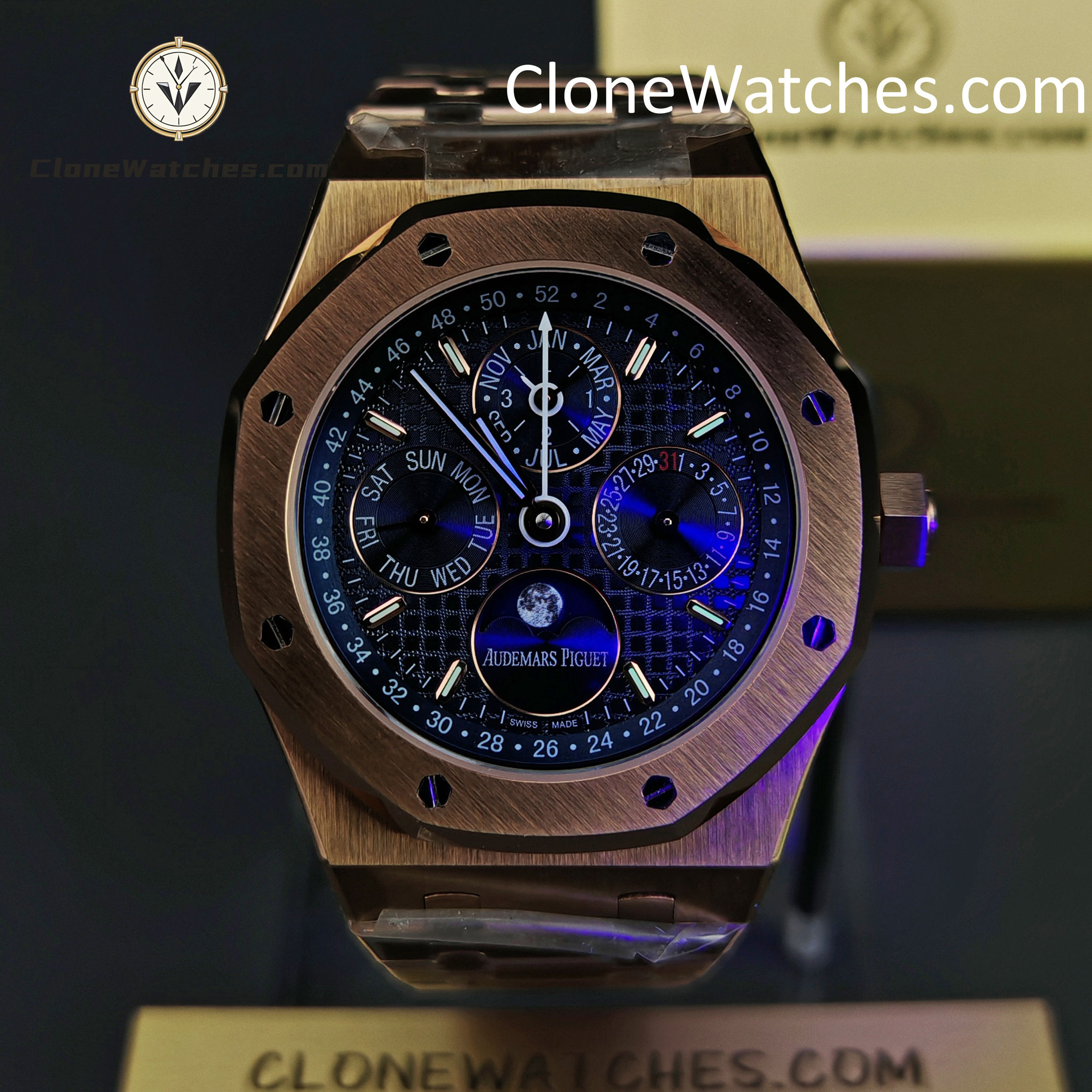 Audemars Piguet Super Clone Watches 1:1 Royal Oak Perpetual Calendar Rose Gold Blue Dial 26574OR 41MM