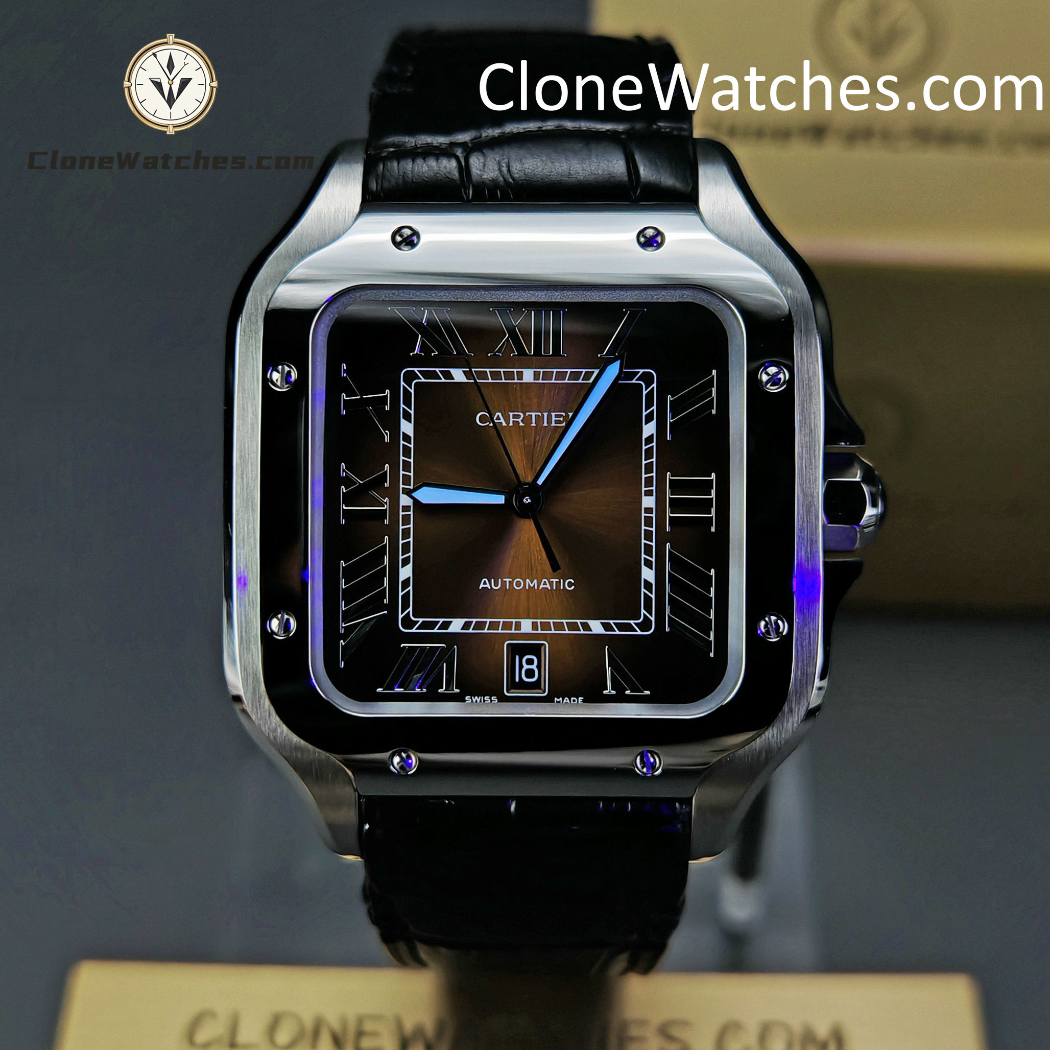 Cartier Super Clone Watches 1:1 Santos Gradient Brown Dial 39.8MM WSSA0064 Black Leather Belt