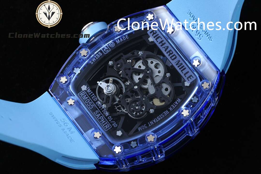 Richard Mille Super Clone Watches 1:1 RM 035 Blue Crystal Tourbillon Blue Strap
