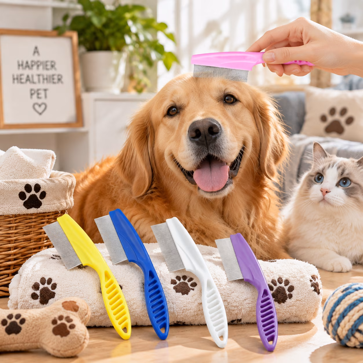 Multicolor Pet Flea Comb, Stainless Steel Grooming Comb, Professional Hair Remover Tool, Safe Round Teeth Design to Remove Fleas, Ticks, Tear Stains, Knots & Dirt for Dogs and Cats