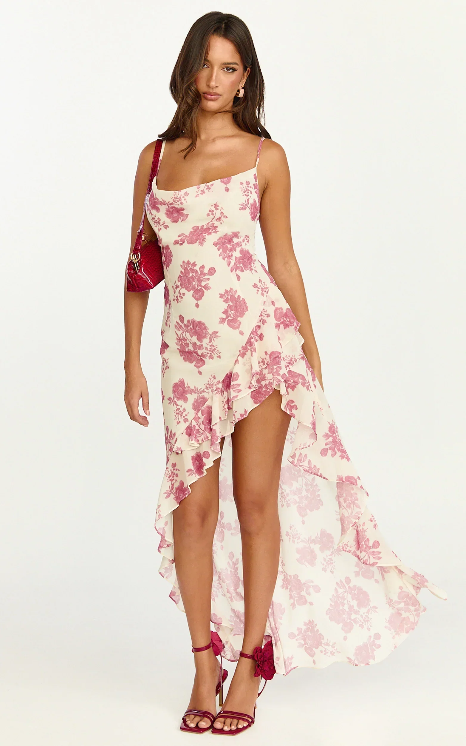 Lila Maxi Dress - Cowl Neck Asymmetric Frill Skirt Dress in Toile De Joie Print