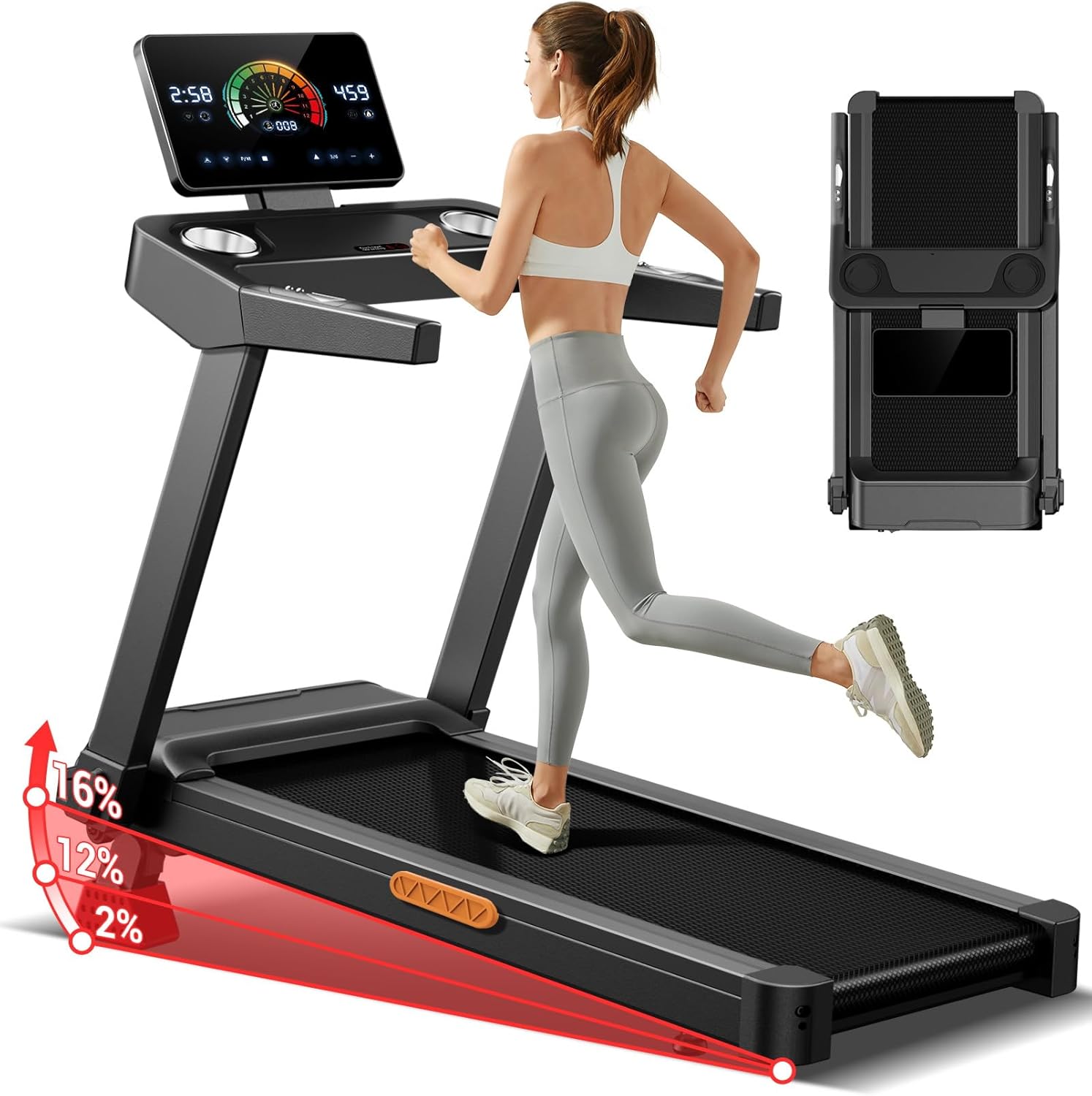 Tapis de course inclinable 16% 14 km/h pliable fréquence cardiaque moteur 35 CV LED charge 180 kg