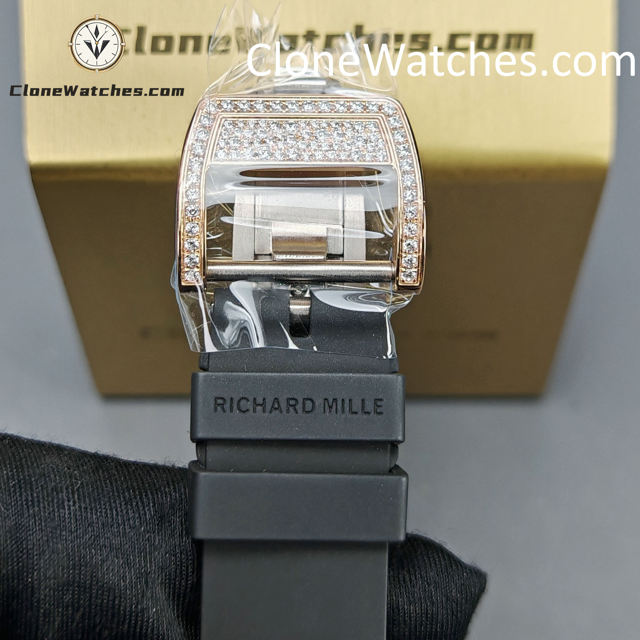 Richard Mille Super clone watches 1:1 RM 07-01Rose Gold Diamond dial Black strap