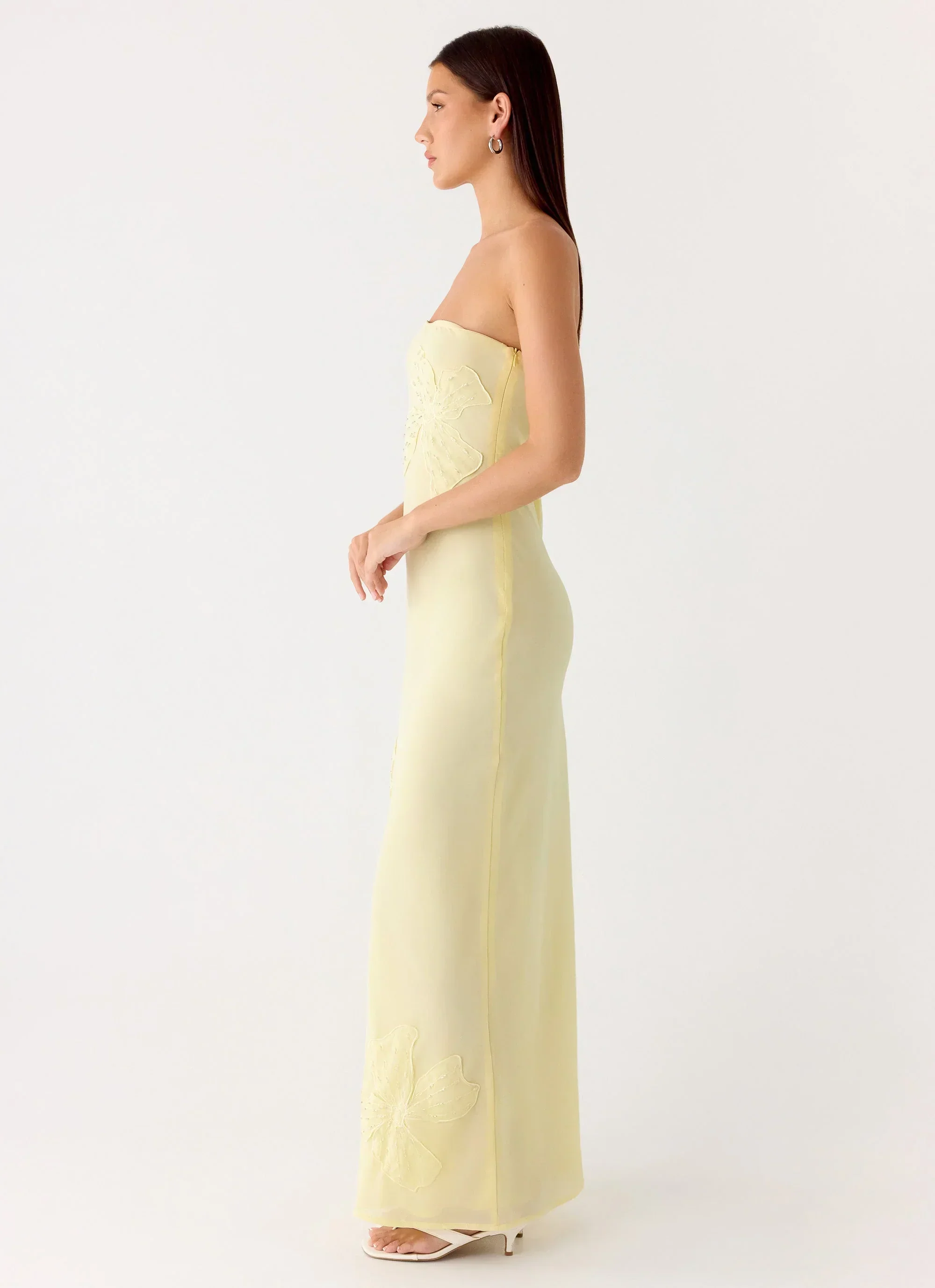 Sassafras Beaded Flower Strapless Maxi Dress - Yellow