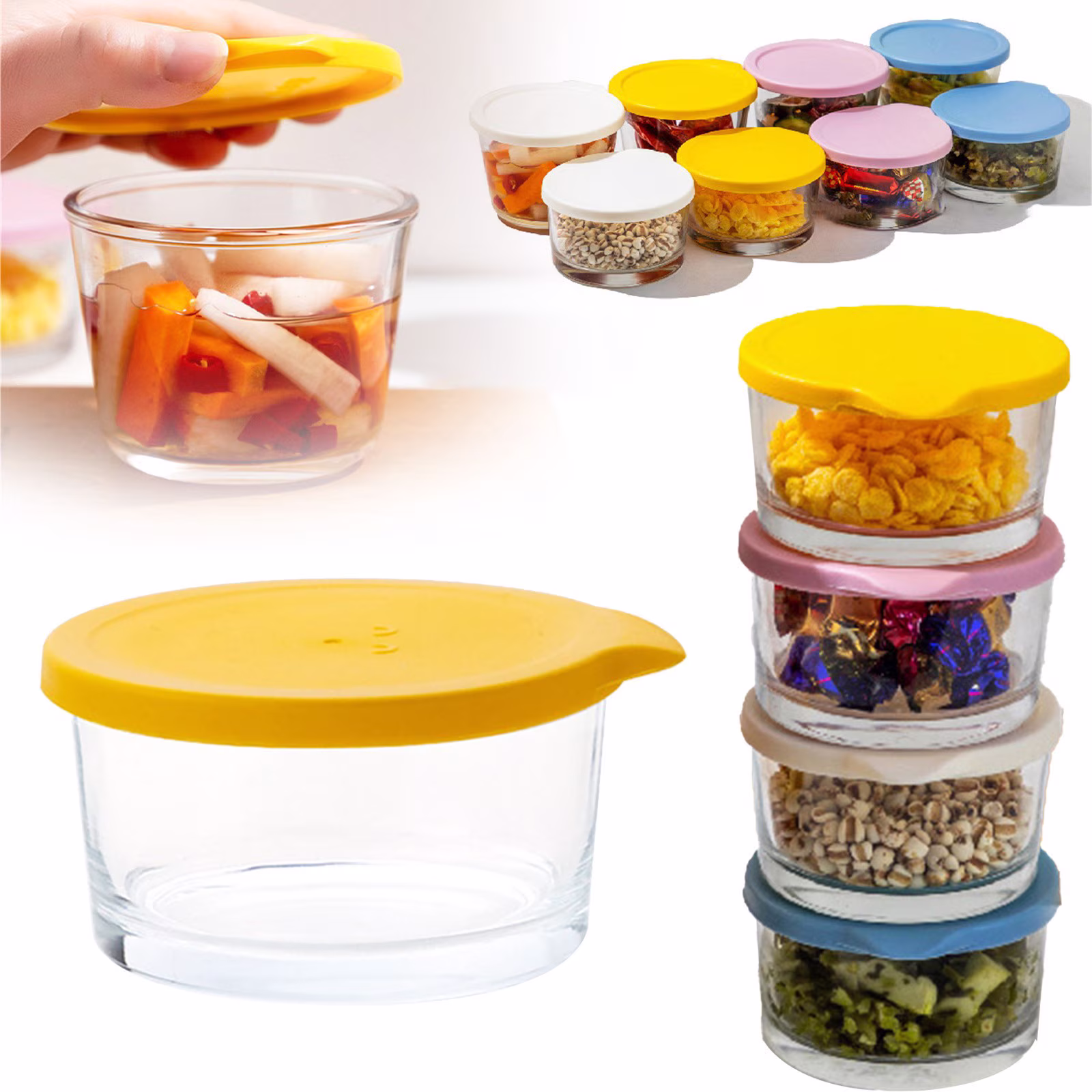 1 Pack 8 OZ Small Round Glass Containers with Lids,Clear Food Jars Airtight Glass Food Container for Food Portion,Overnight Oats,Pickles,Dipping Sauce,Snack,Yogurt,Meal Prep Containers,D