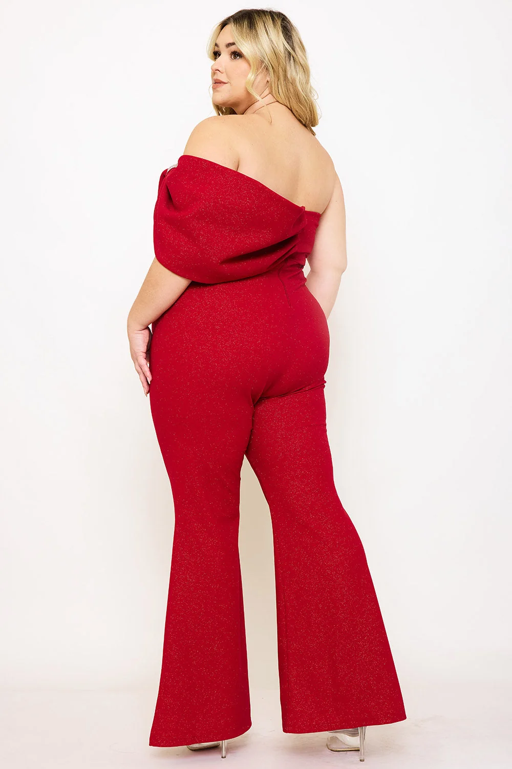 Plus Size Night Out Jumpsuit - Glitter Techno Crepe Large Bow Front Night Out Plus Size Jumpsuit