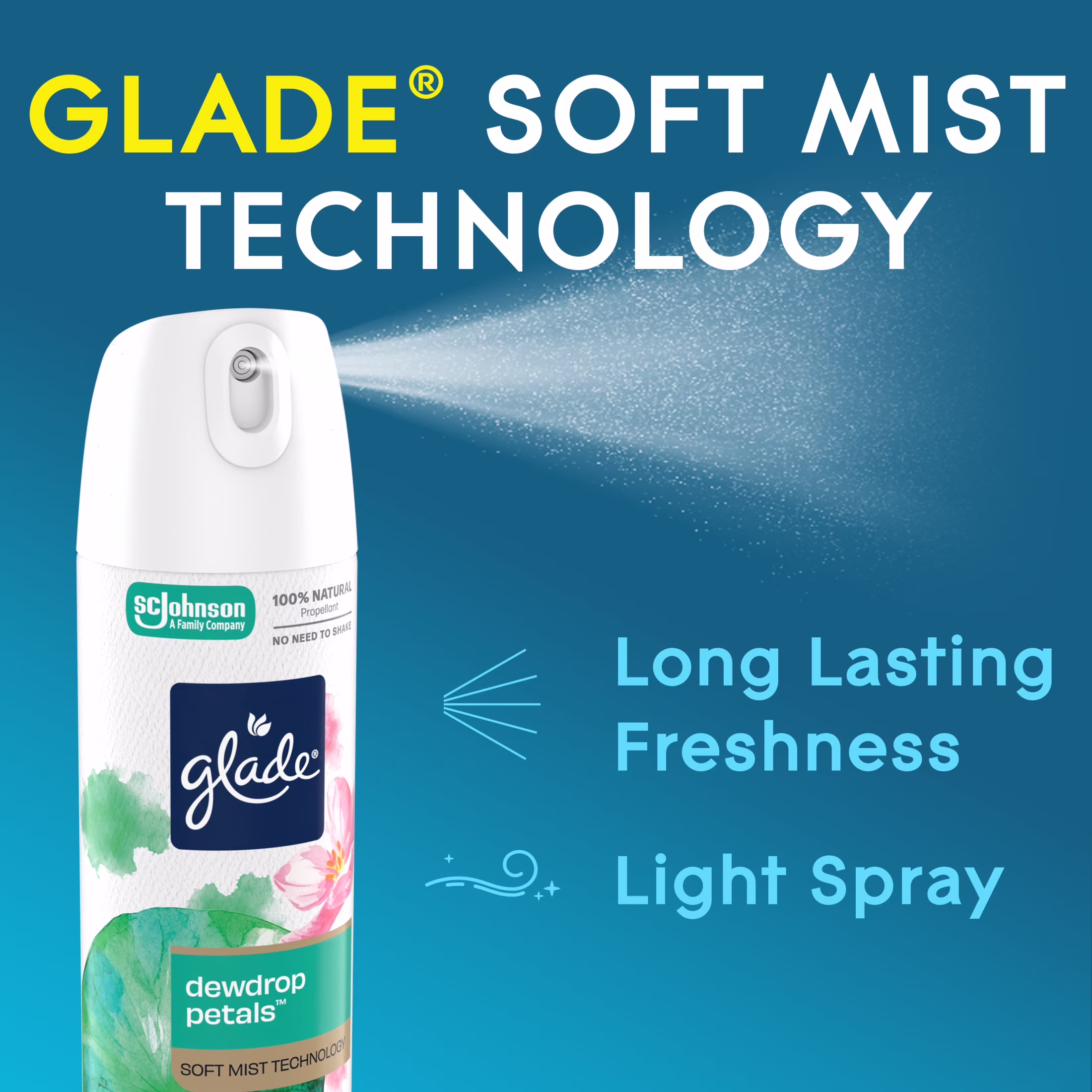 Glade® Soft Mist Odor Fighting Aerosol Air Freshener, Dewdrop Petals, 7.3oz, 1 Count