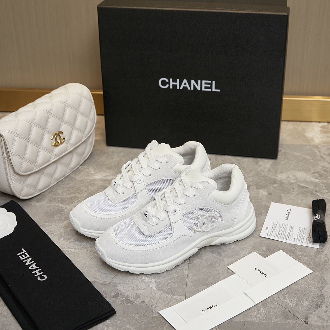 Chanel CC Logo Suede Leather Sneaker Black White Shoe