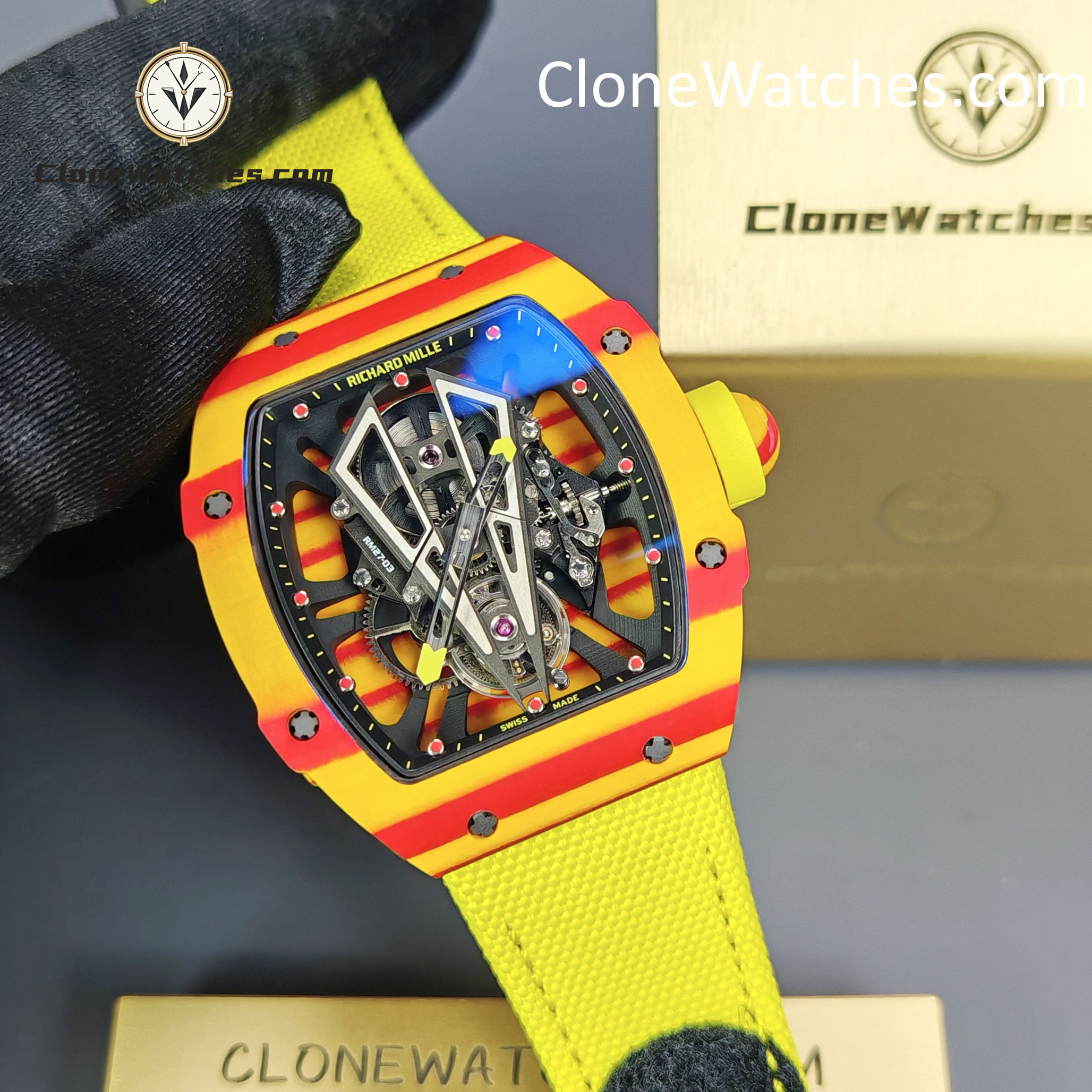 Richard Mille Super Clone Watches 1:1 RM 027 – 03 Tourbillon Rafael Nadal Yellow Strap