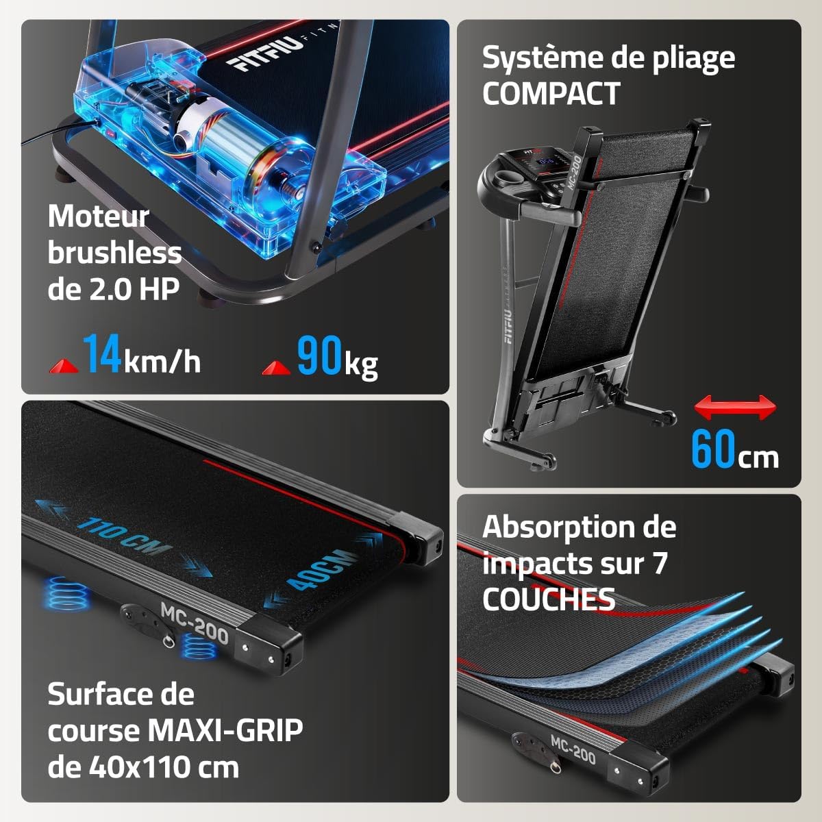 Tapis de course pliable 1500W 14 km/h inclinaison manuelle surface 40 x 110 cm 12 programmes LCD capteur pulsations