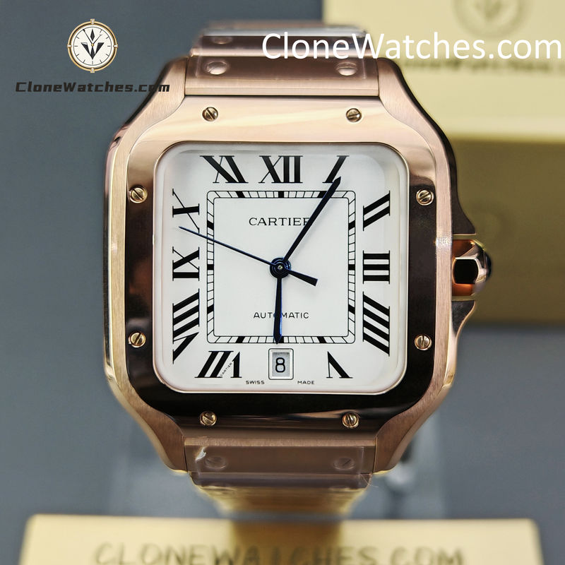 Cartier Super Clone Watches 1:1 Santos Rose Gold White Dial 39.8MM WGSA0018