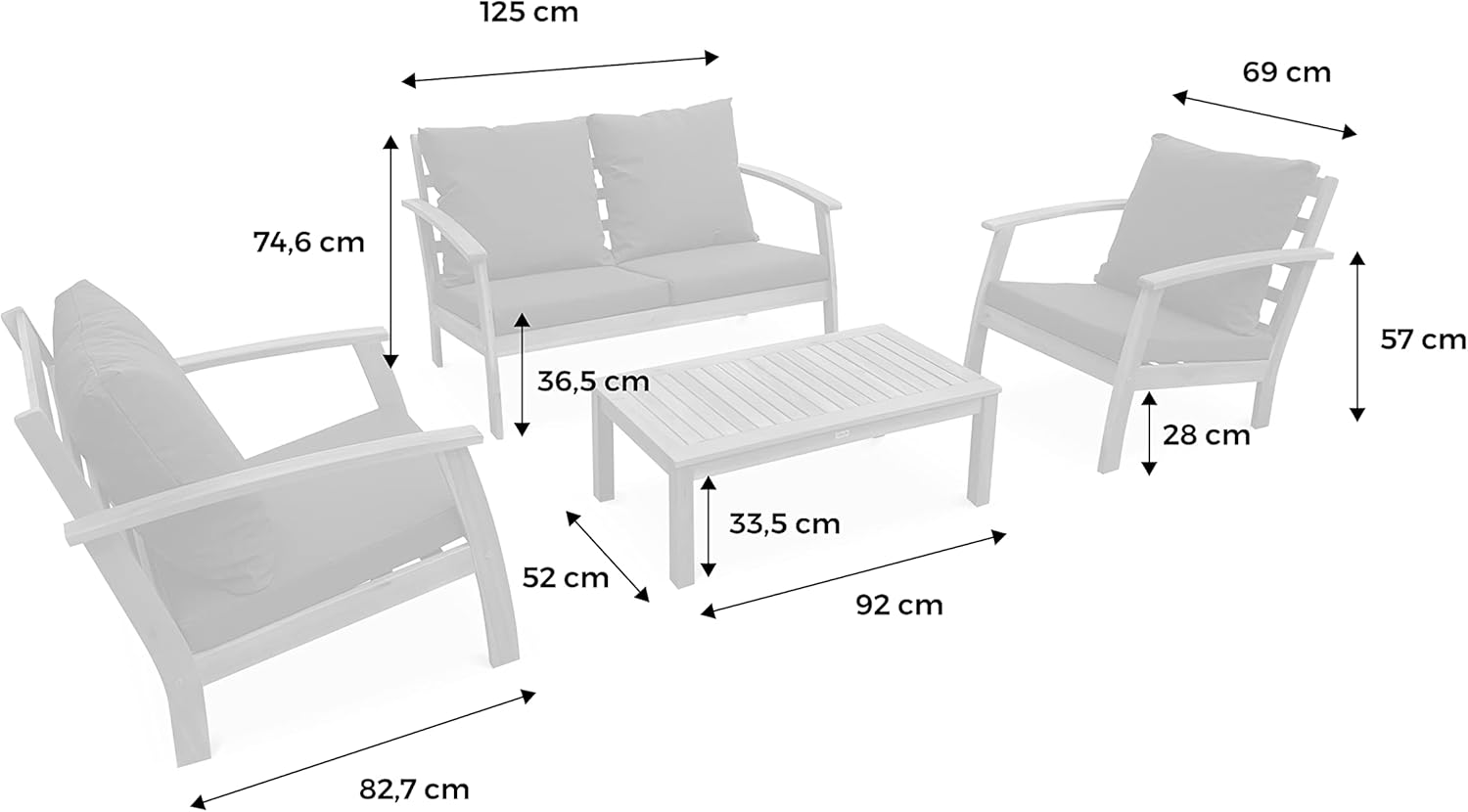 Salon jardin bois 4 places canapé fauteuils table basse acacia coussins vert de gris