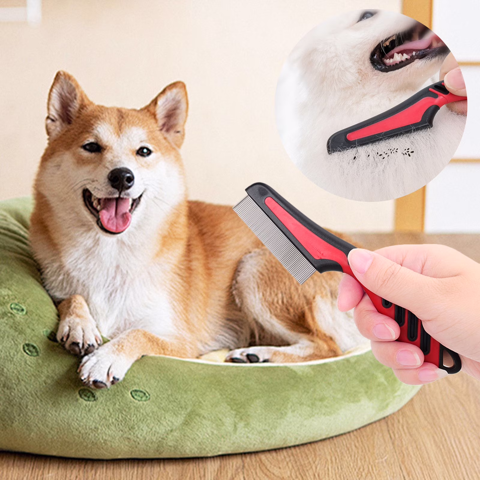 Pet Flea Comb for Flea Lice Removal, Dog Hair Comb with Long Handle, Cat Flea Tool for Ticks Lice and Flea Eggs, Fine Tooth Stainless Steel Comb for Small Pets