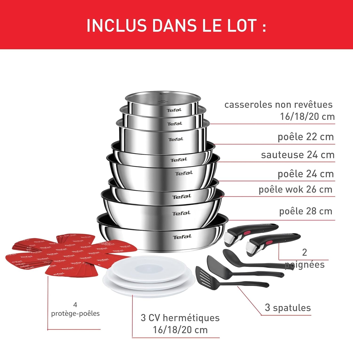 Batterie cuisine 20 pièces induction poignées amovibles antiadhésif empilable