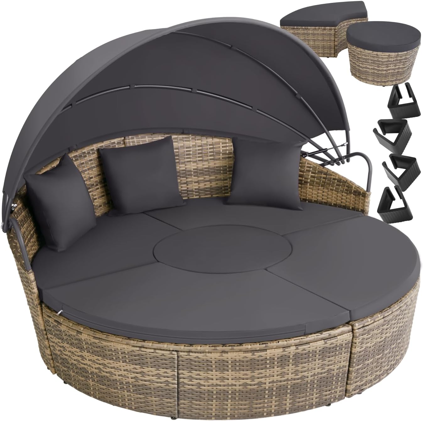 Bain de soleil modulable résine tressée pare soleil pliable coussins inclus