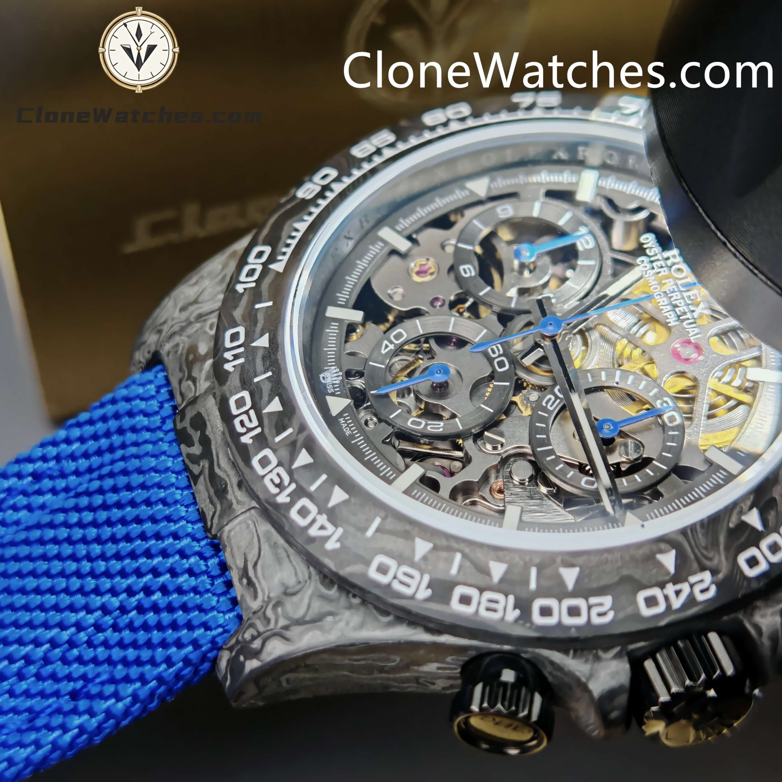Modified Super Clone Watches 1:1 GET Rolex Daytona Skeleton Dial 4130 Movement Blue Strap