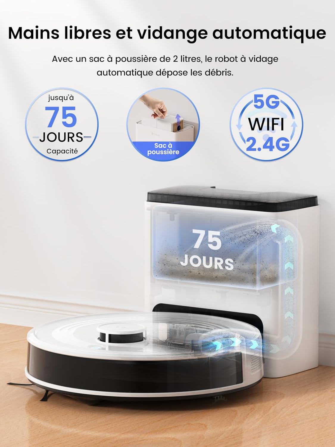 Aspirateur robot laveur M2 Plus station vidange automatique navigation laser 6000Pa évitement obstacles app