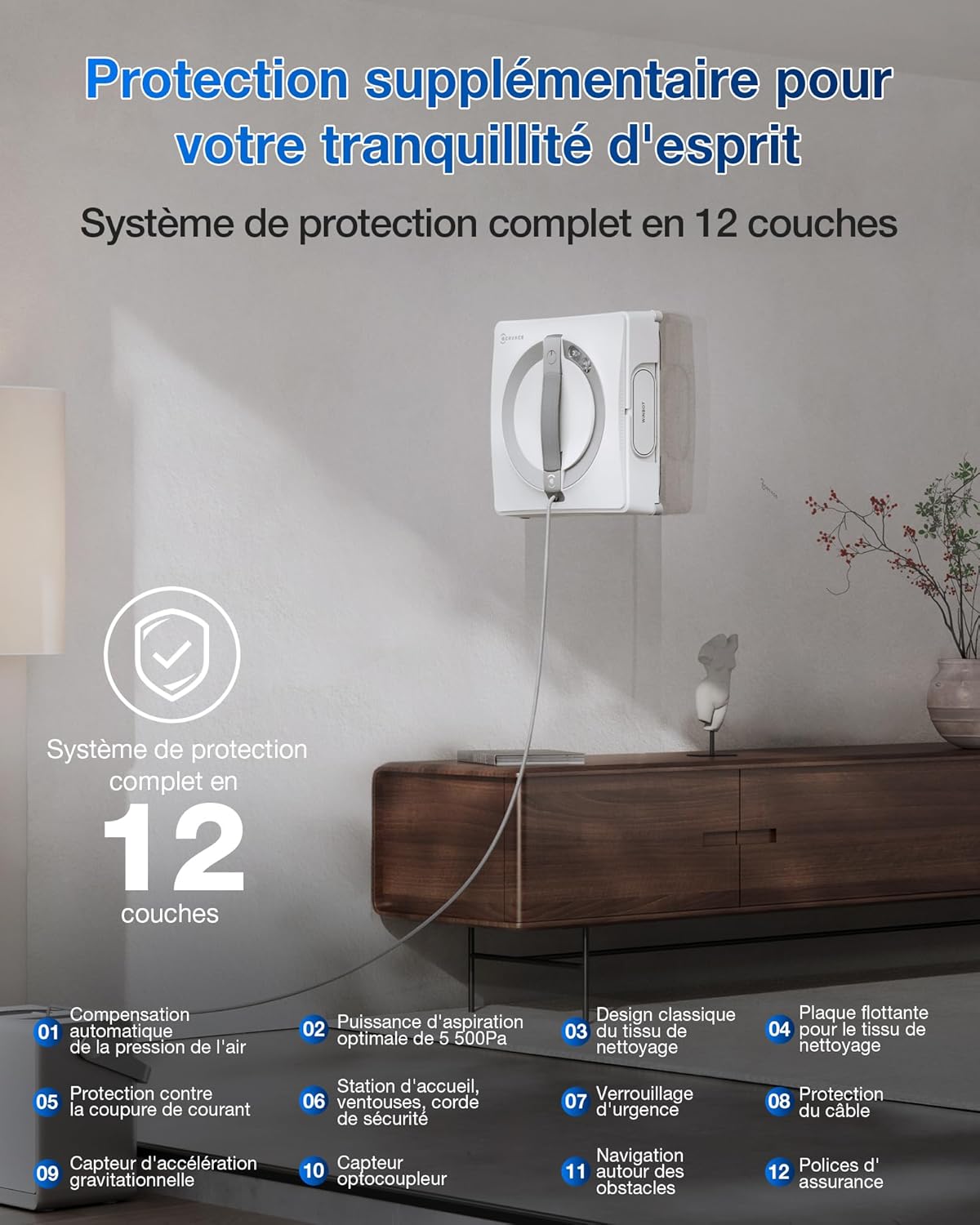 Robot nettoyeur vitres WINBOT W2 Pro Omni station multifonction recharge fonctionnement buse triple protection 12 niveaux