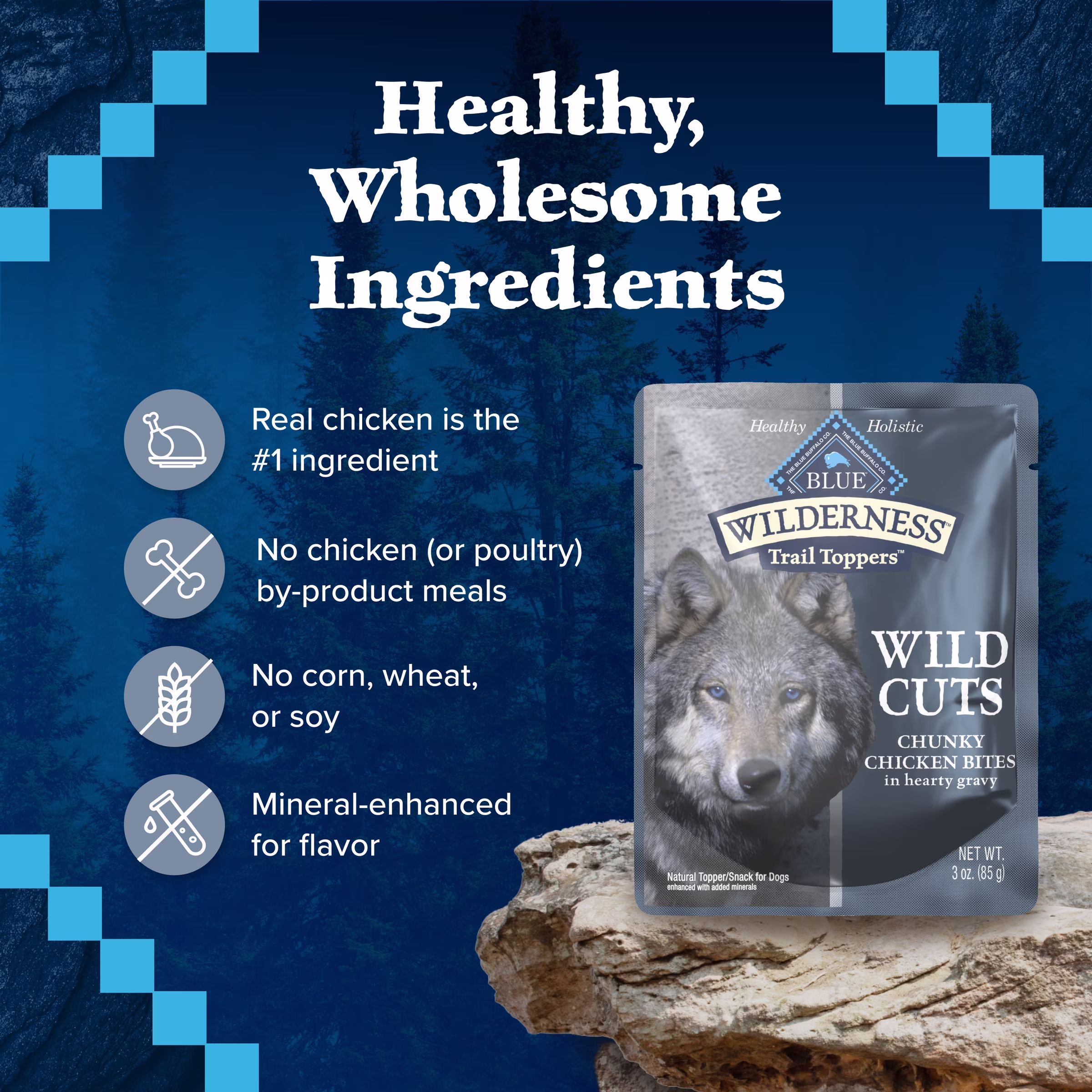 (12 pack) BLUE Wilderness Trail Toppers Dog Wet Food, Chicken Bites in Gravy, 3-oz Pouch