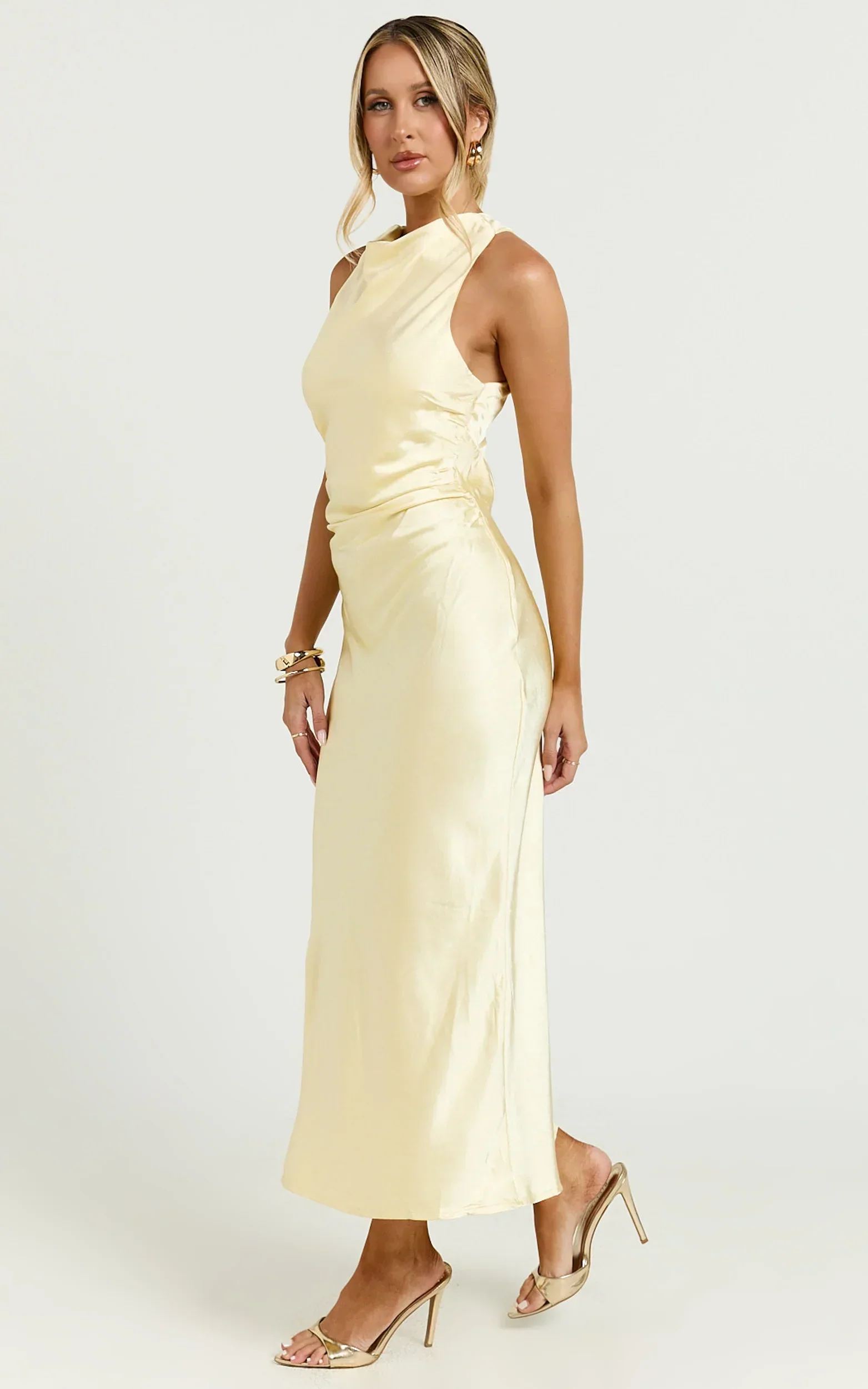 Aluna Midi Dress - High Neck Cross Back Satin Slip Dress in Lemon