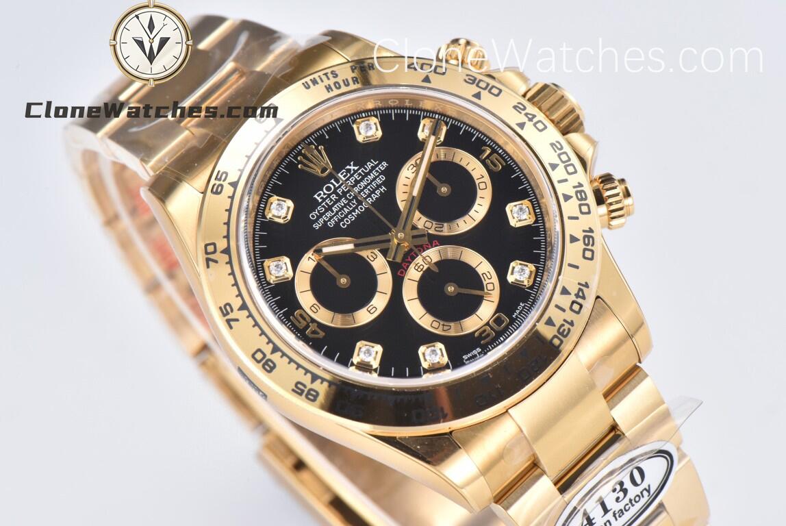 Rolex Super Clone Watches 1:1 Daytona 18K Gold Black Diamond Dial M116508-0016 4130 Movement